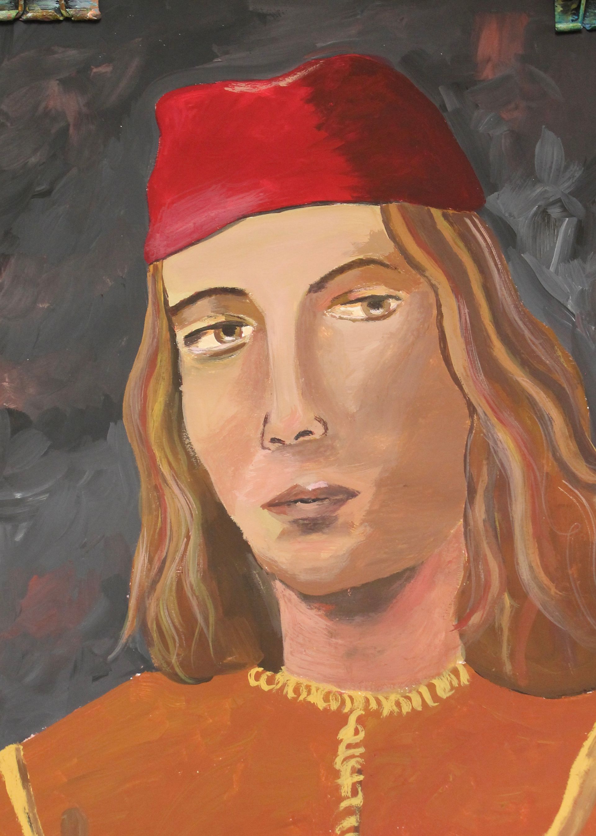 Een schilderij van een man met lang haar en een rode hoed