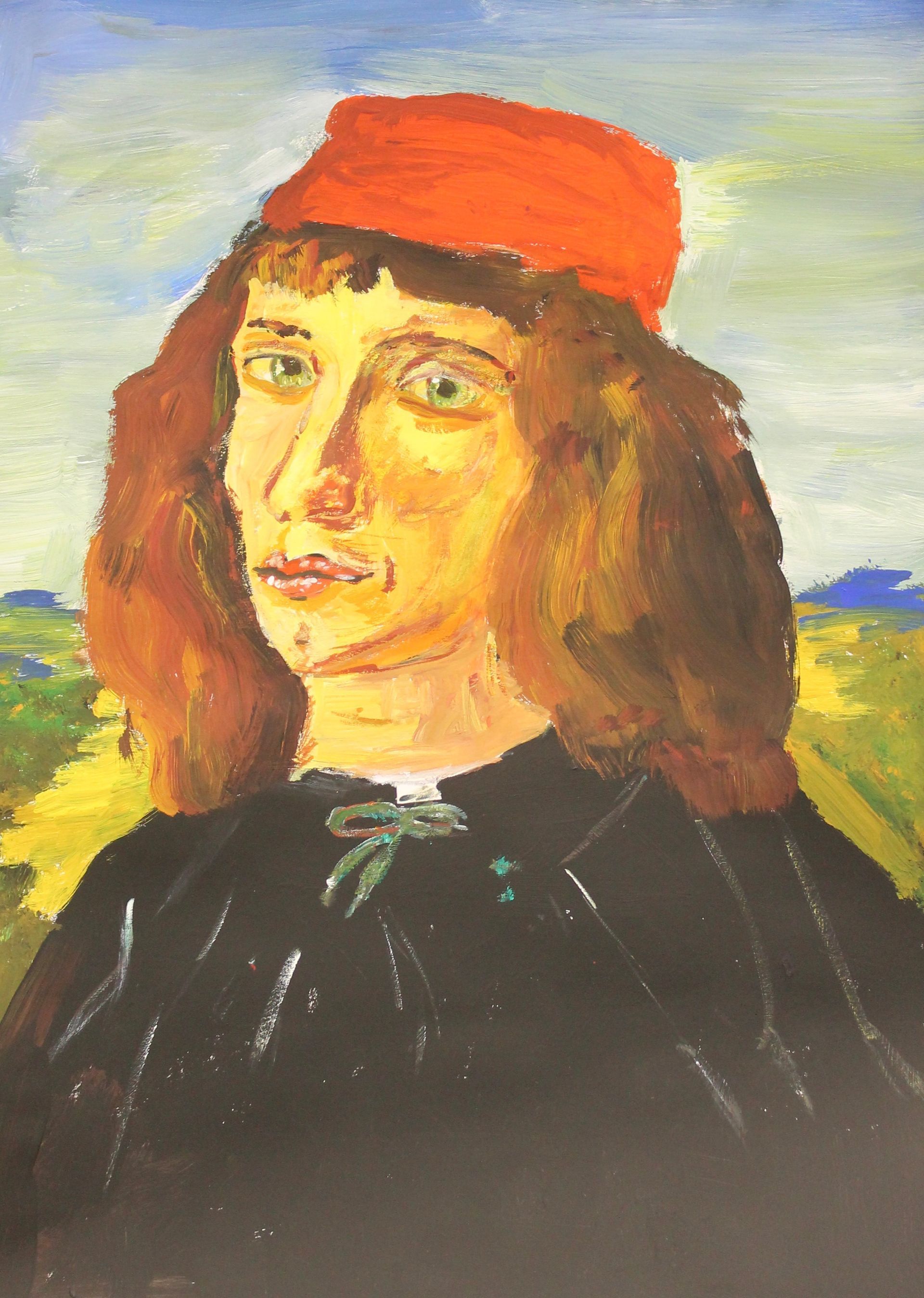 Een schilderij van een man met een rode hoed