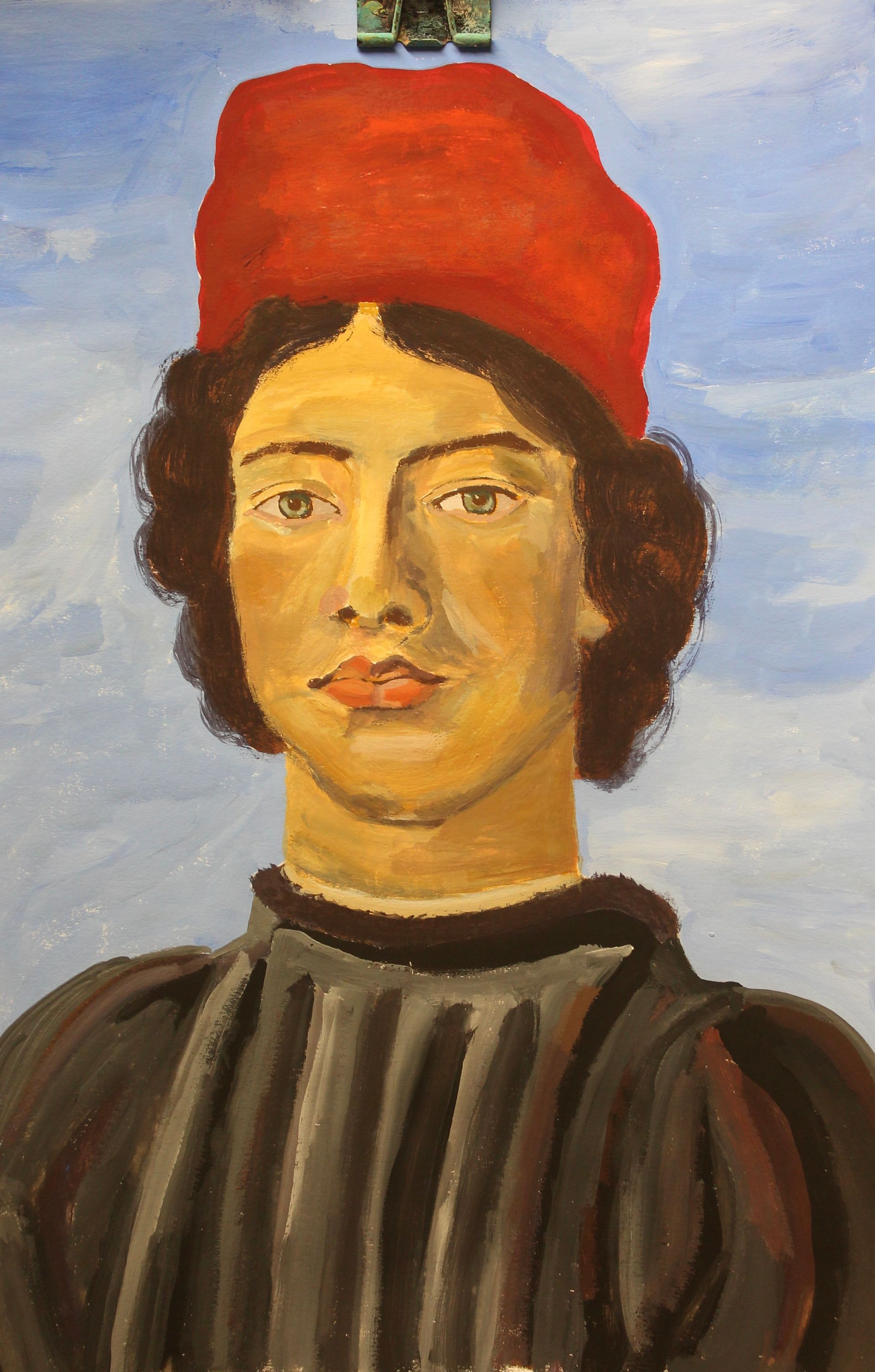 Een schilderij van een man met een rode hoed op zijn hoofd