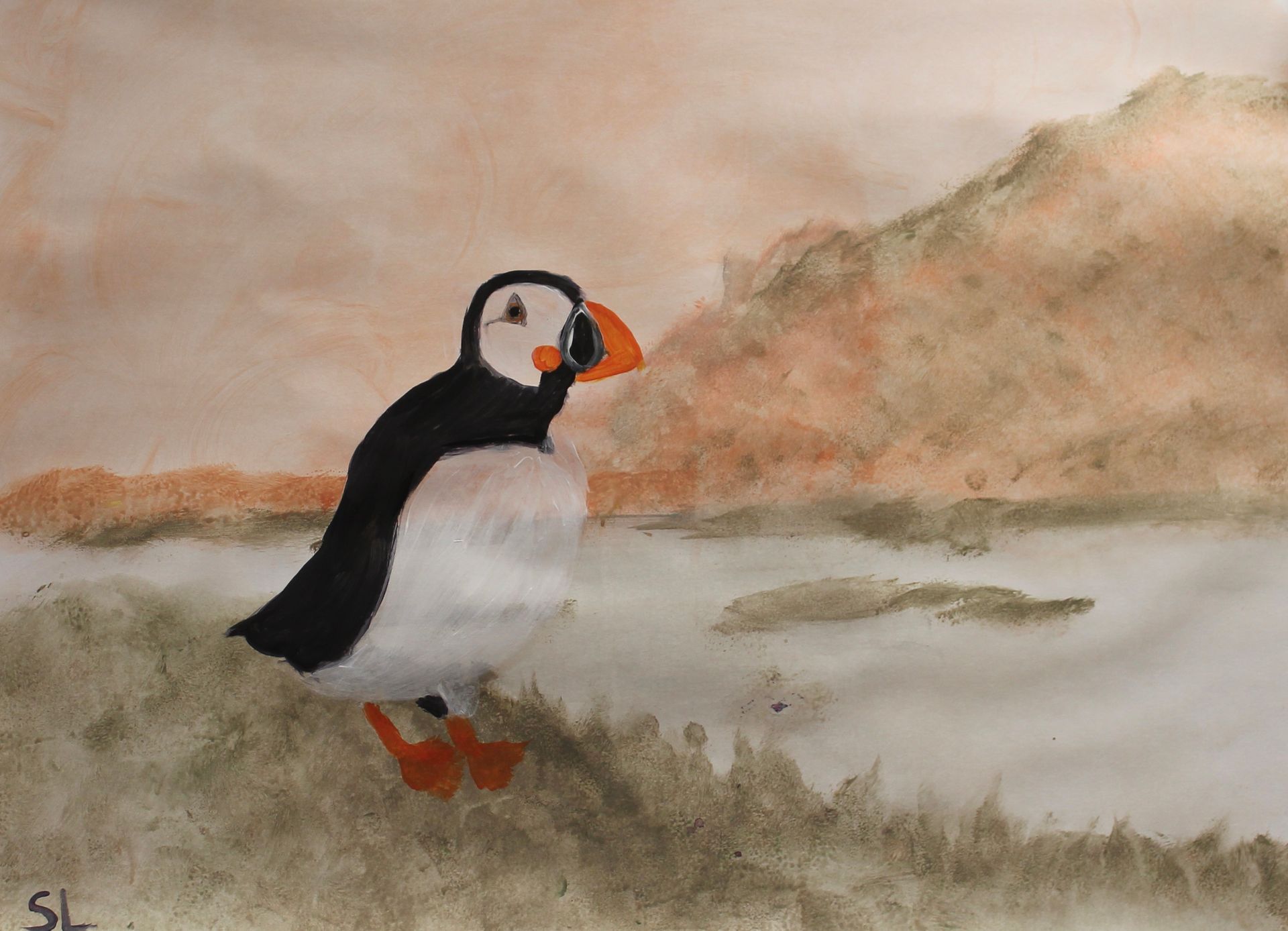 Een schilderij van een zwart-witte vogel met een oranje snavel