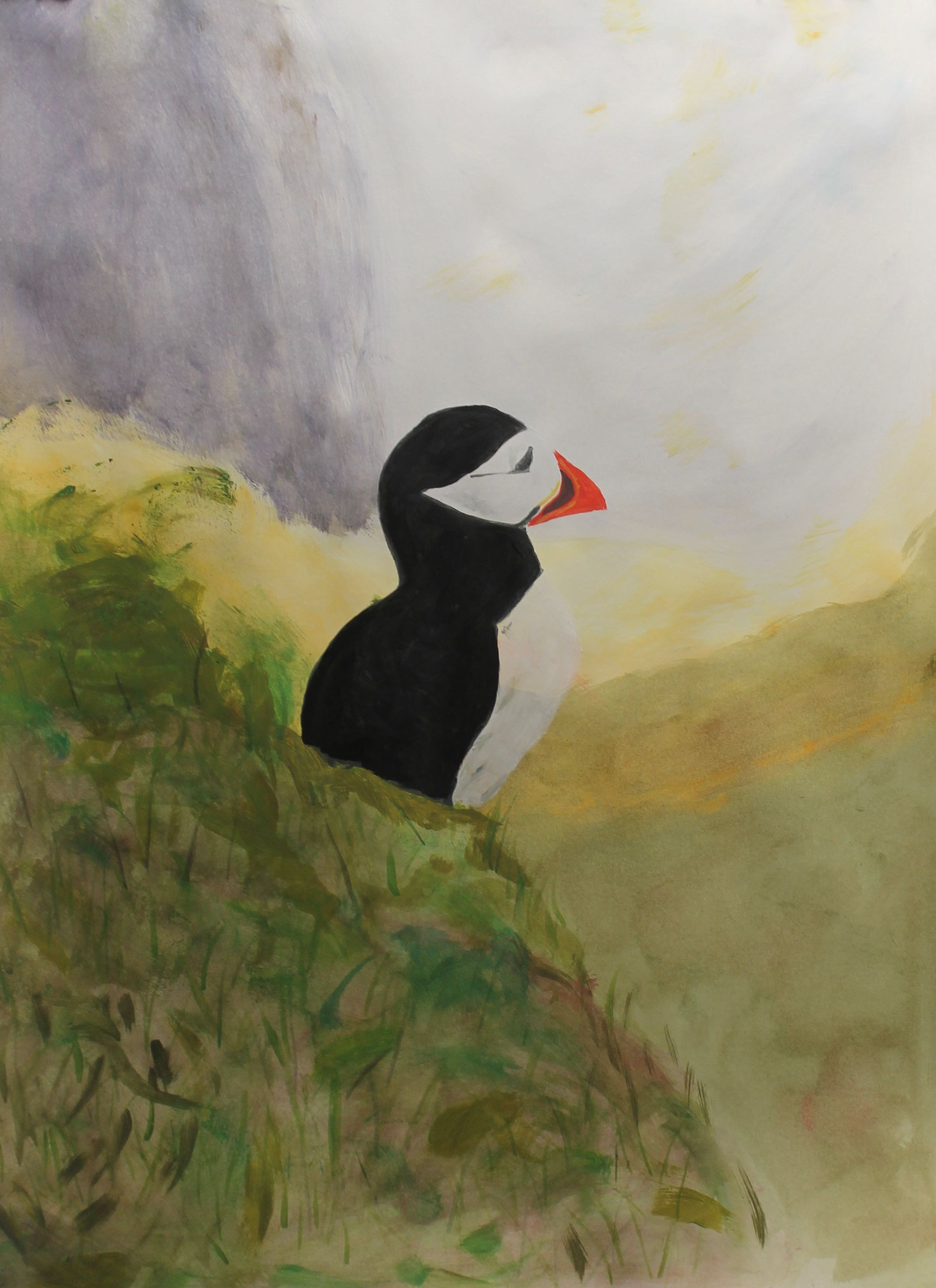 Een schilderij van een zwart-witte vogel met een rode snavel