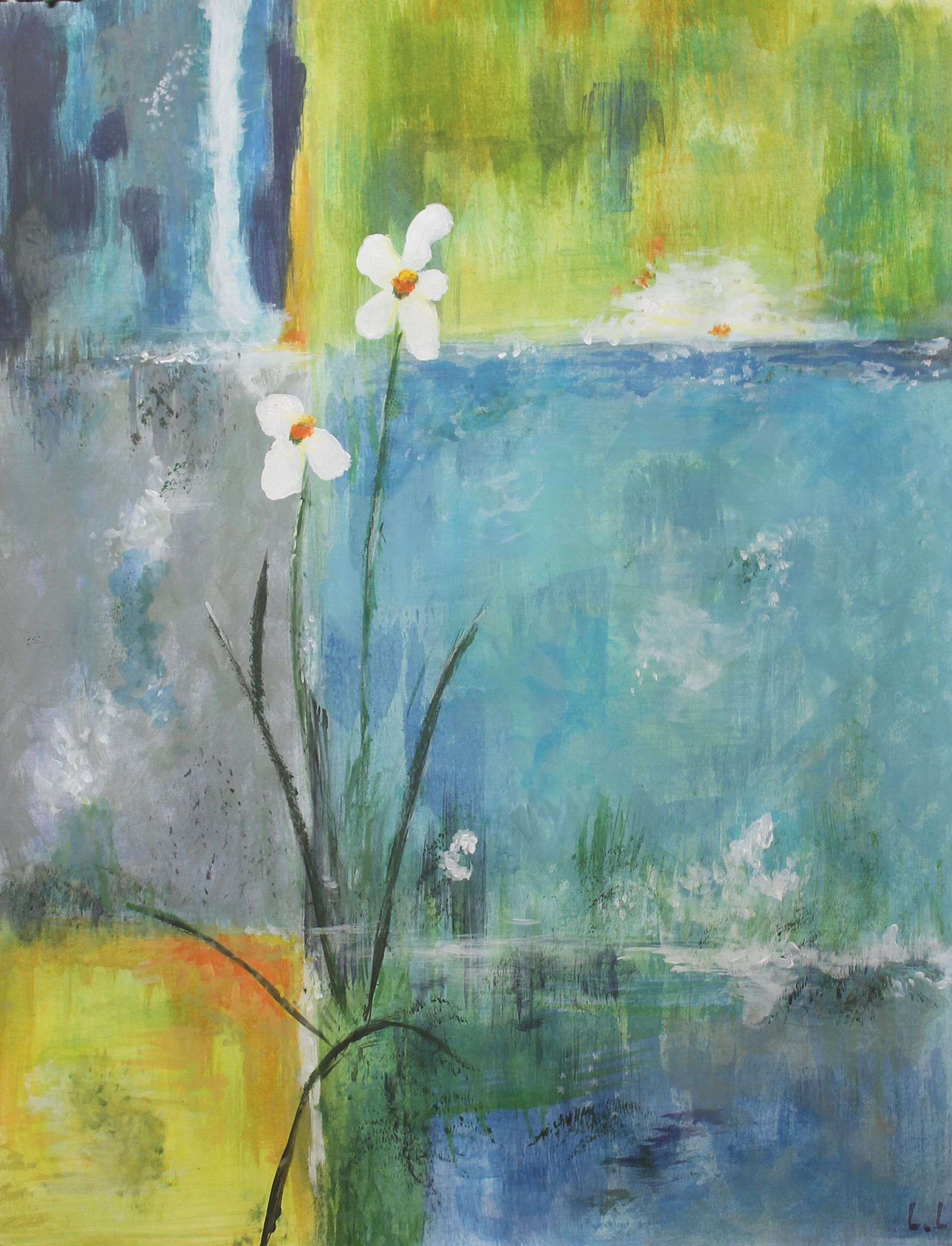 Een schilderij van bloemen met een waterval op de achtergrond