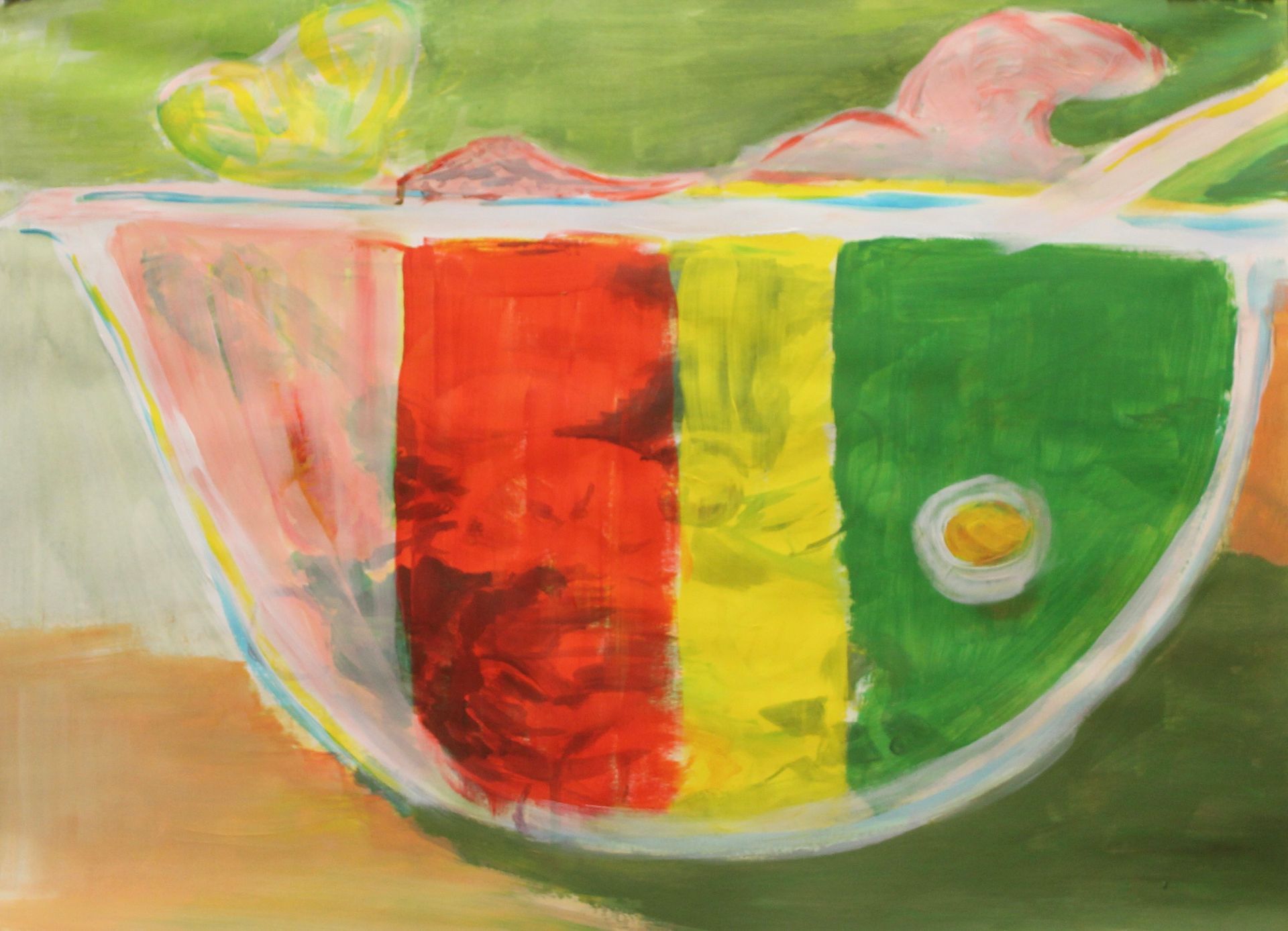 Een kleurrijk schilderij van een kom met eten met een lepel erin