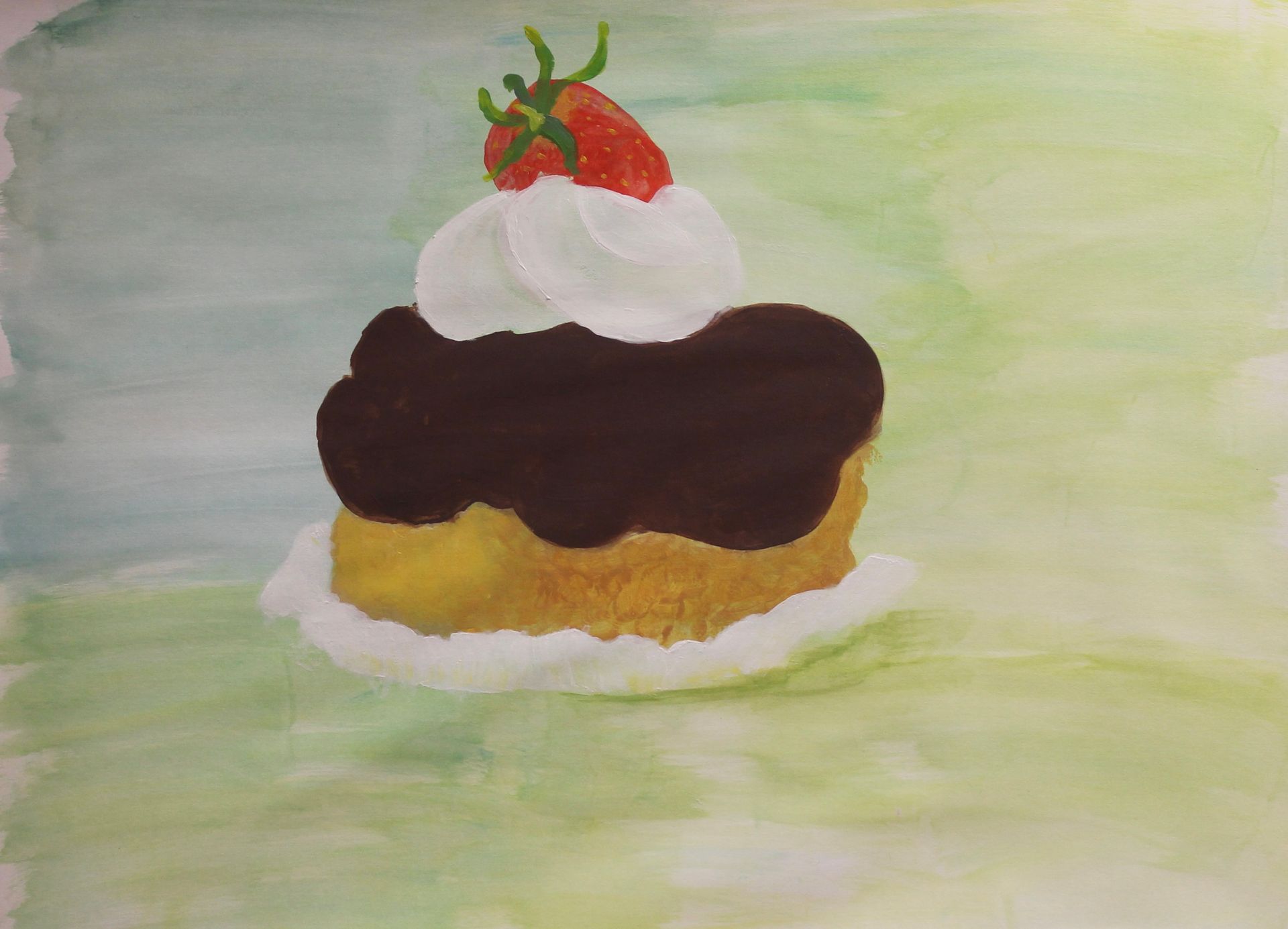 Een schilderij van een chocoladesoes met slagroom en een aardbei erop