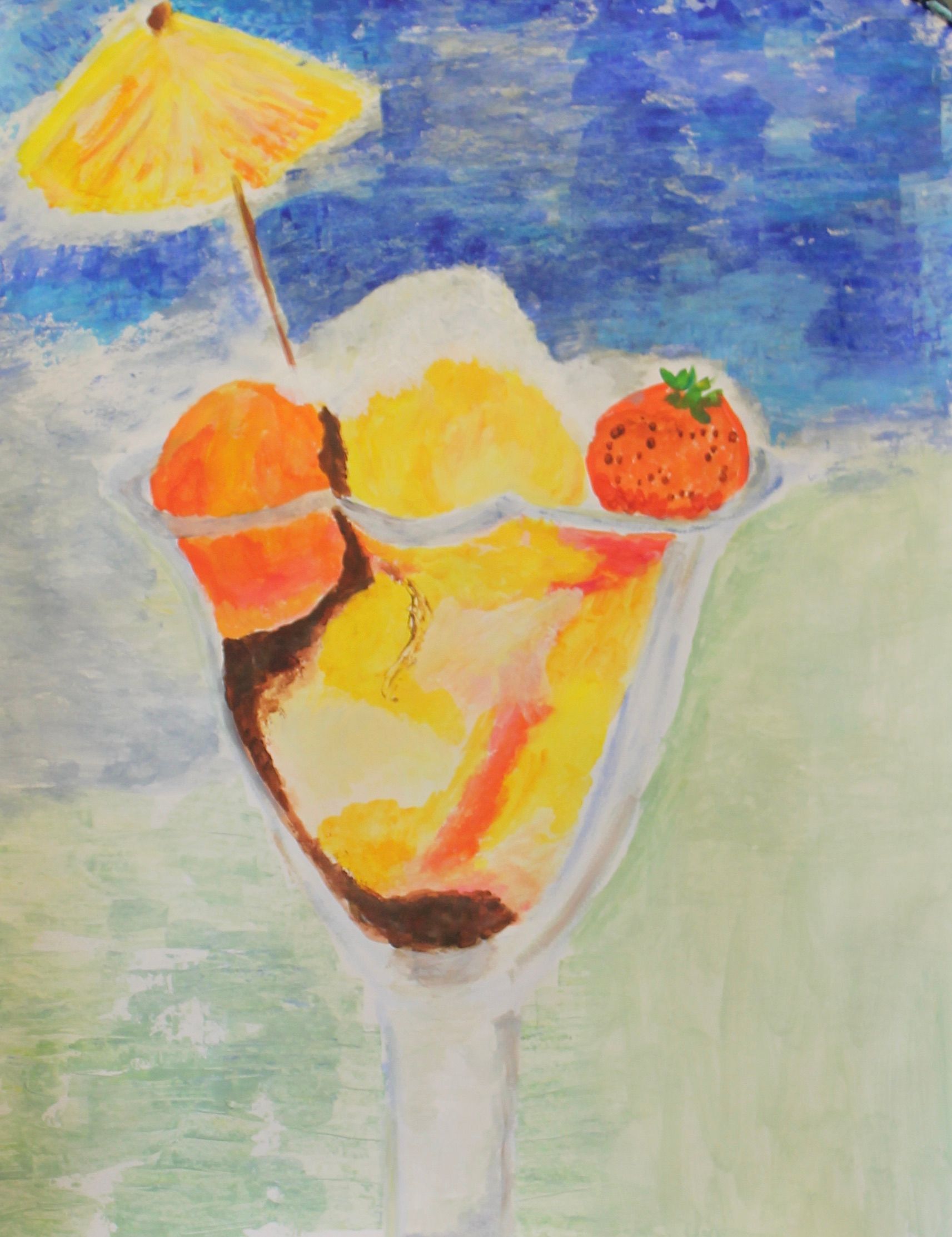 Een schilderij van een ijscoupe met een aardbei en een paraplu