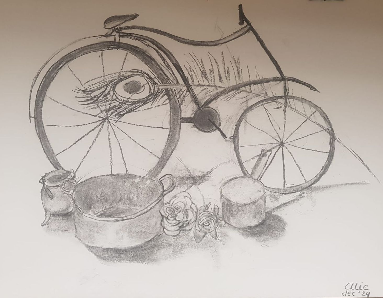 Een zwart-wit tekening van een oude fiets