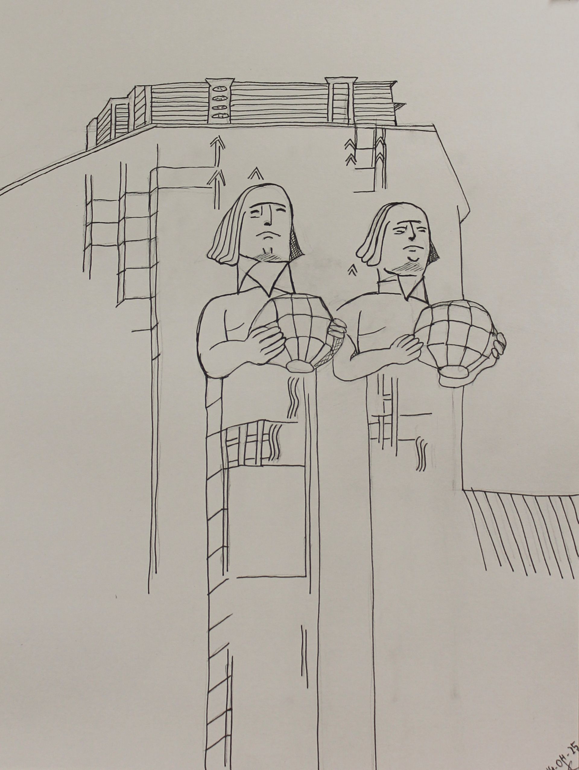 Een zwart-wit tekening van twee mensen die naast elkaar staan