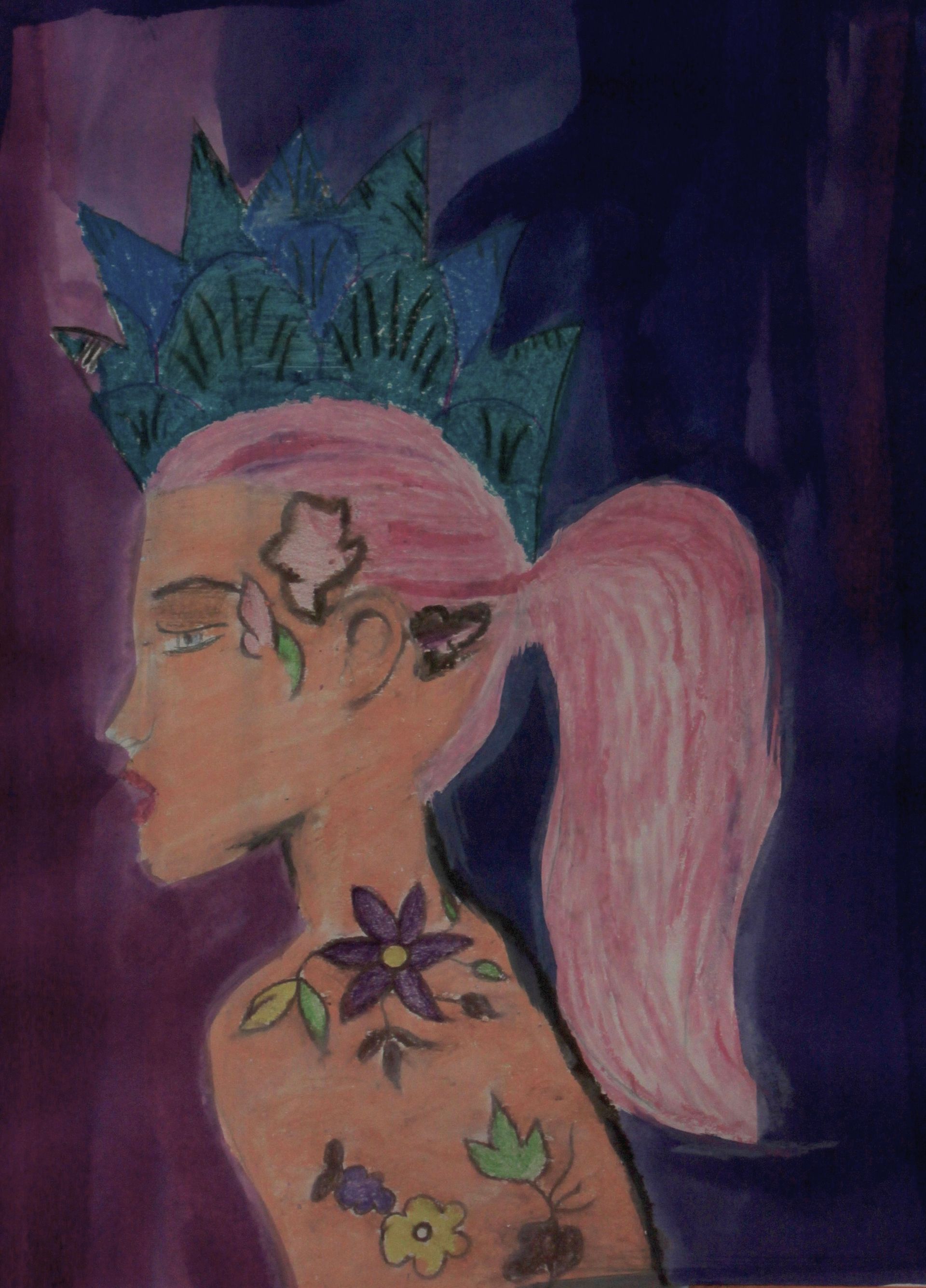 Een schilderij van een vrouw met een kroon op haar hoofd