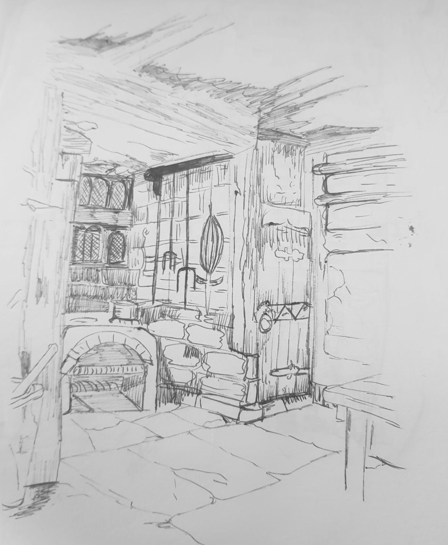 Een zwart-wit tekening van een oud gebouw