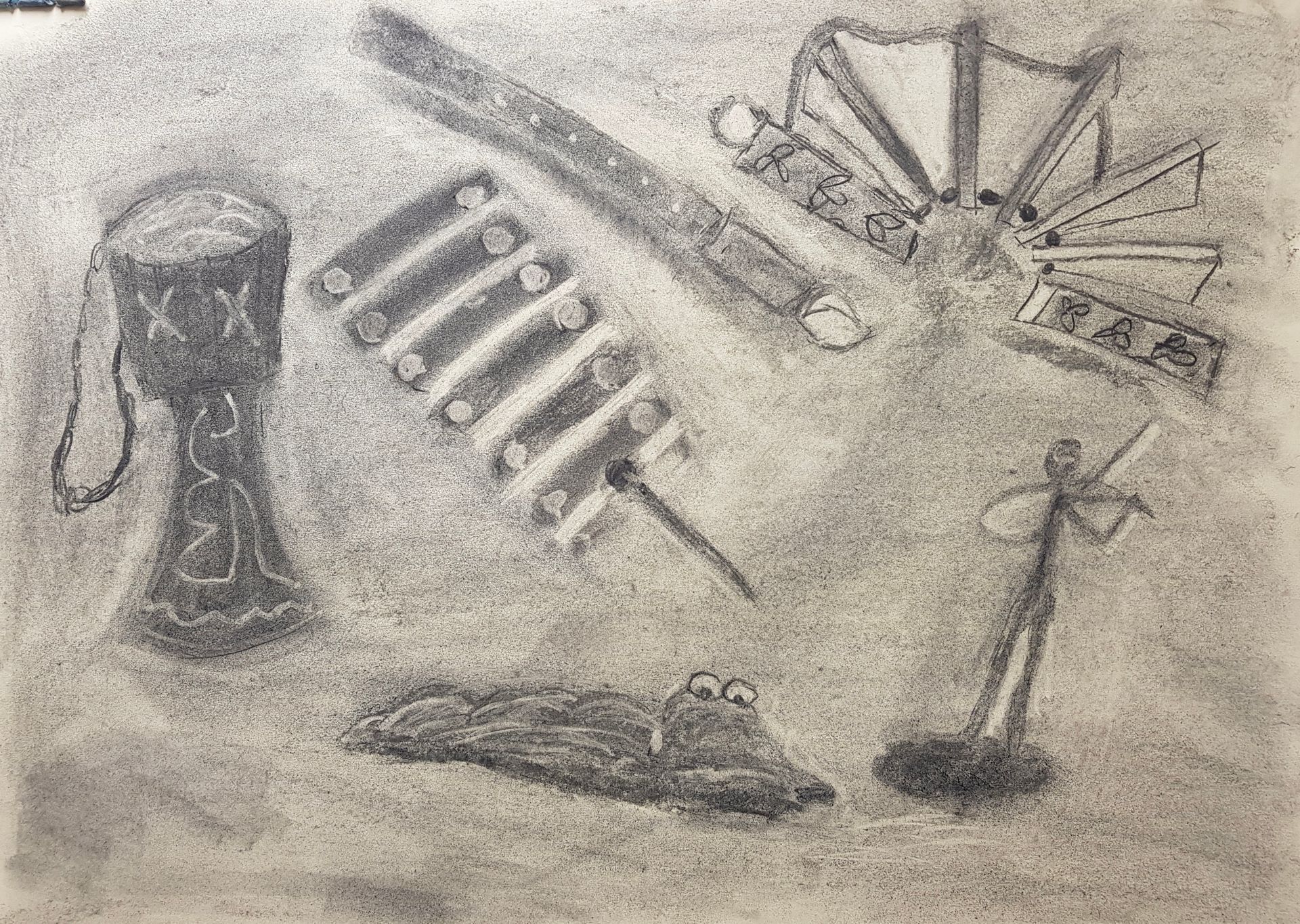 Een zwart-wit tekening van verschillende voorwerpen op een tafel.