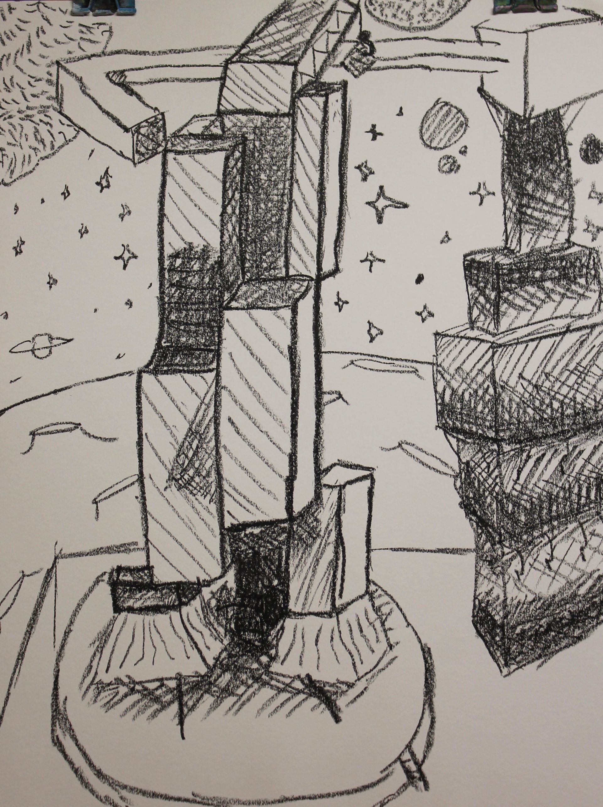 Hijskraan op de maan tekenen met oliepastel