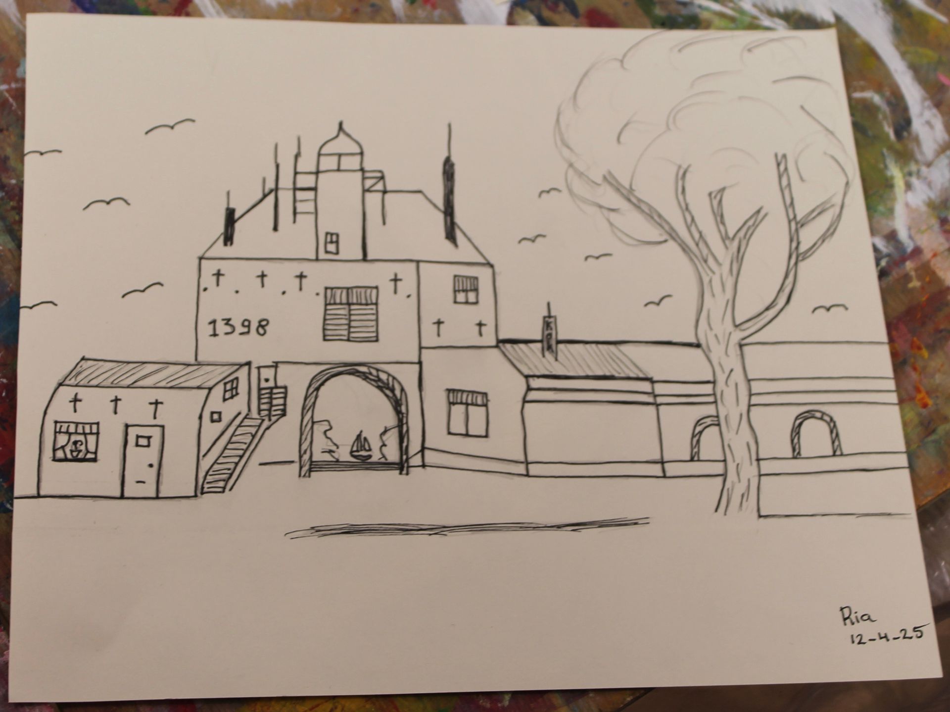 tekening van de vischmarkt in Harderwijk