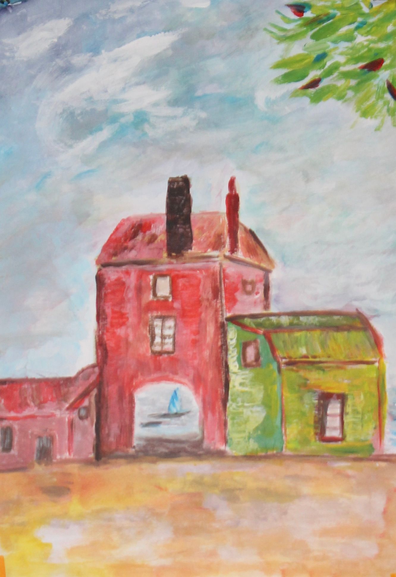schilderij van de vischpoort van Harderwijk in rood en groen