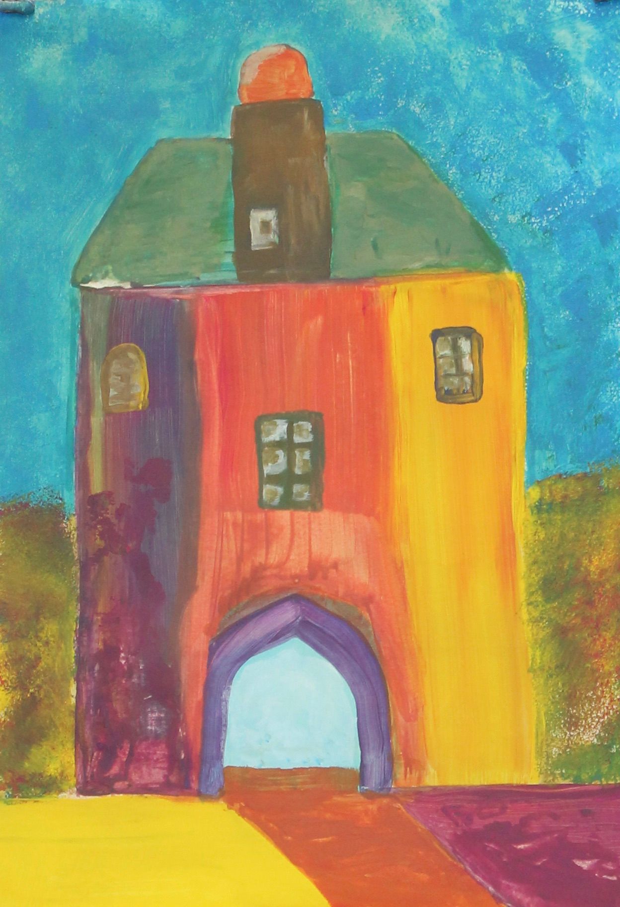 schilderij van de vischpoort van Harderwijk in rood/groen en paars/geel