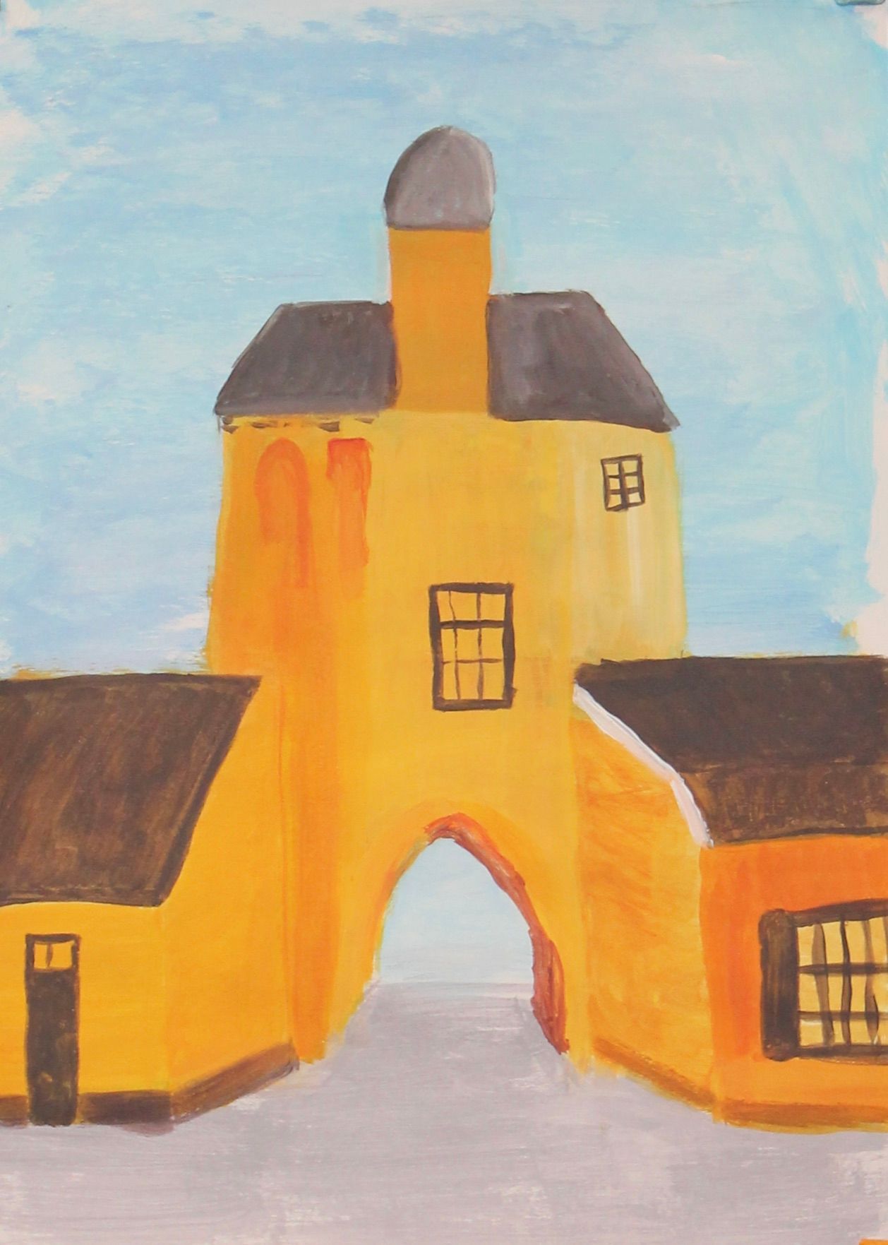 schilderij van de vischpoort van Harderwijk in geel/paars