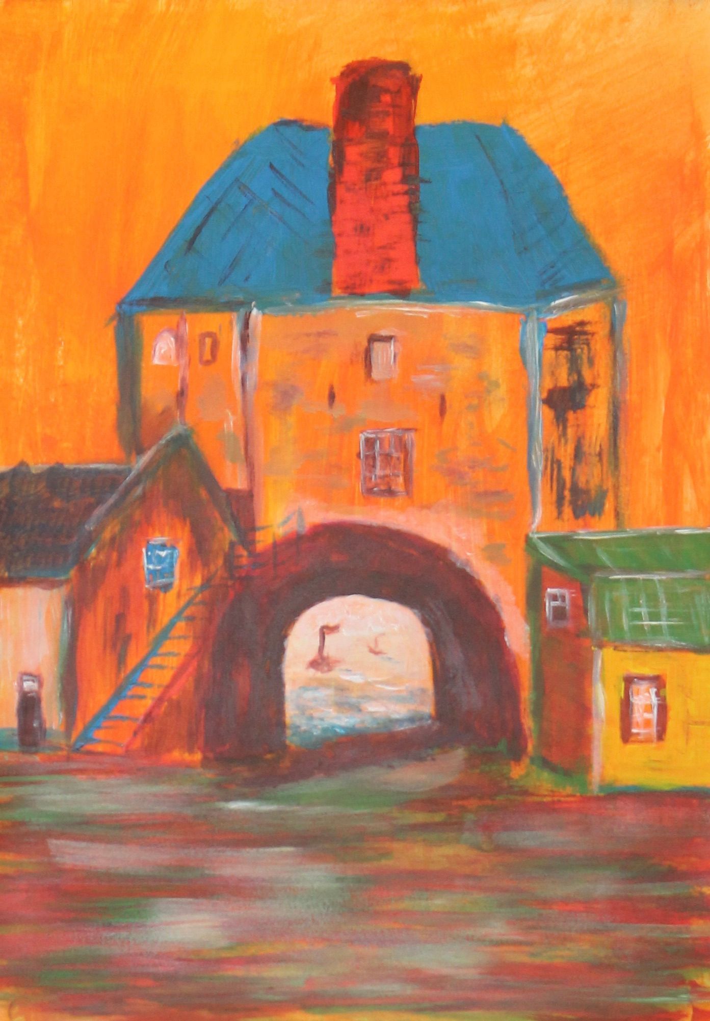schilderij van de vischpoort van Harderwijkin oranje blauw