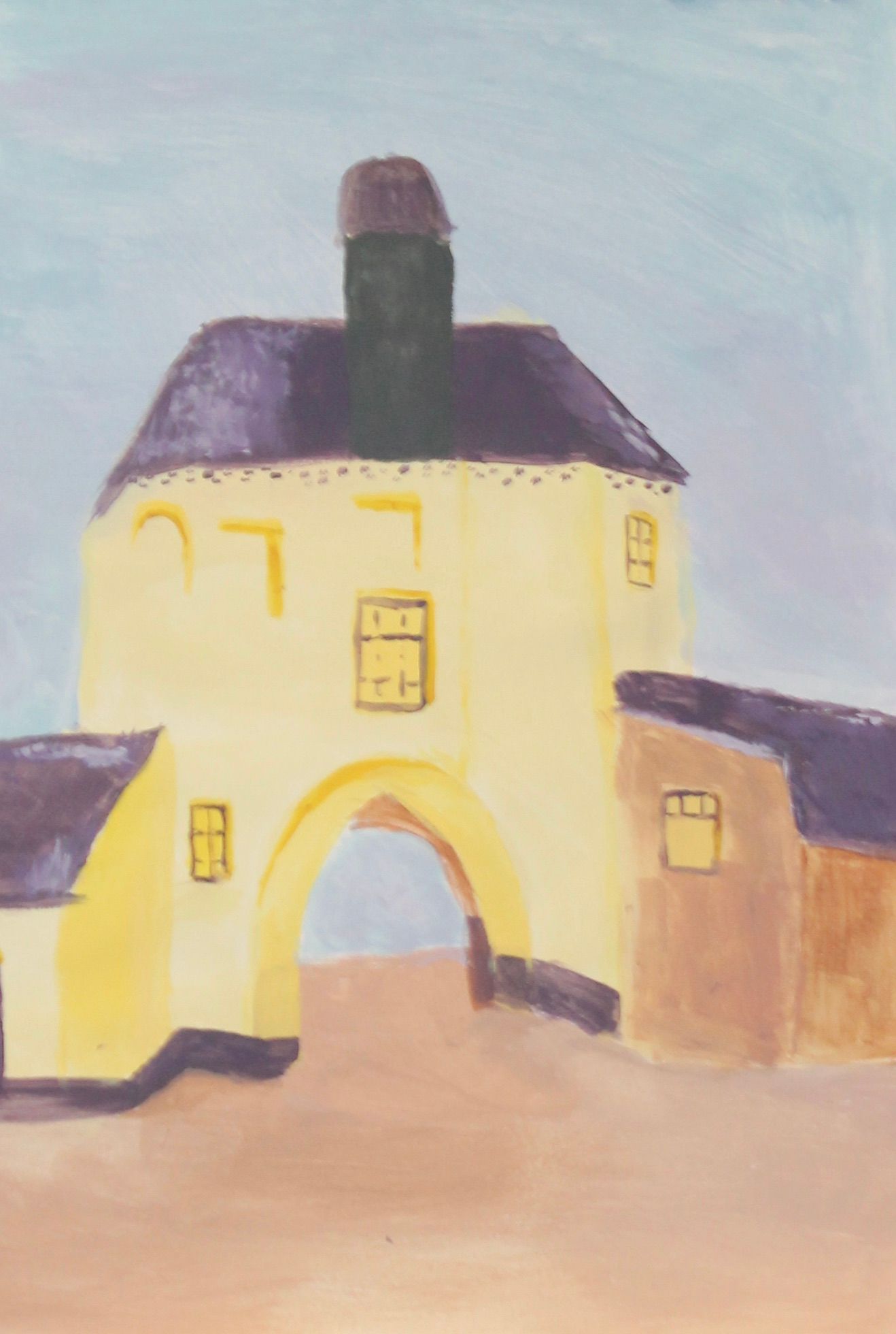 schilderij van de vischpoort van Harderwijk in geel paars