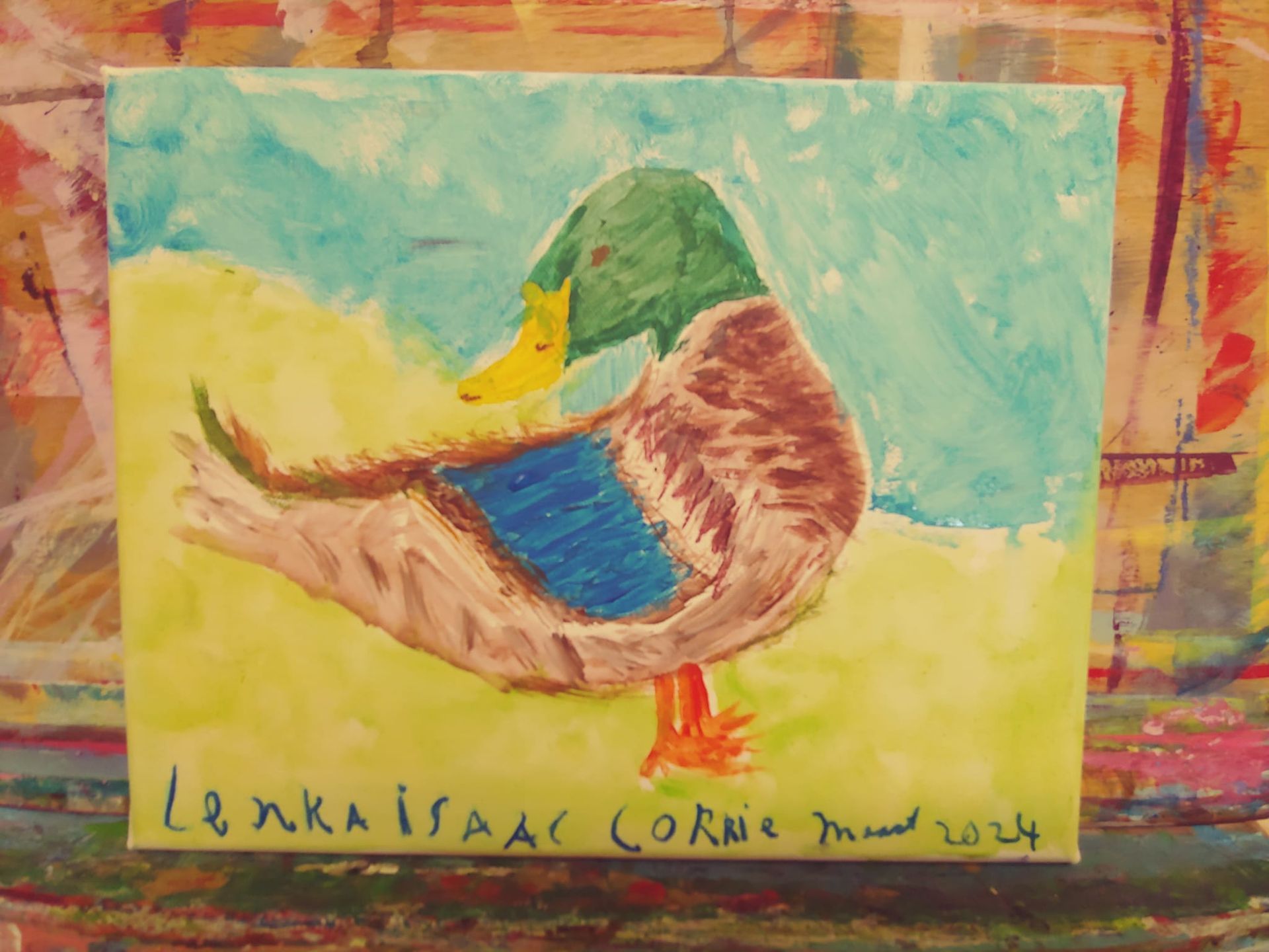 Een schilderij van een eend