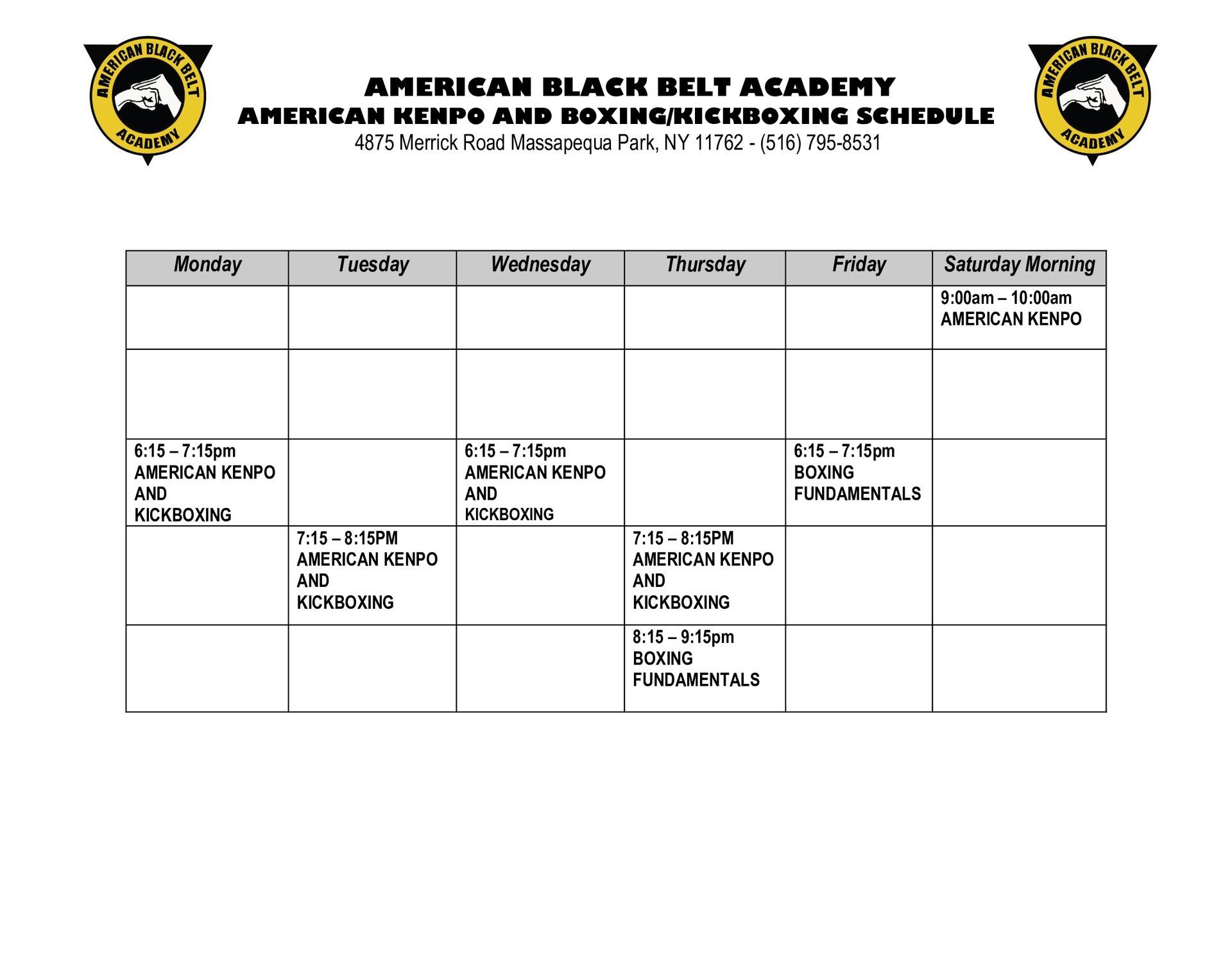 Adult Kenpo Karate and MMA Schedule in Massapequa Park, NY