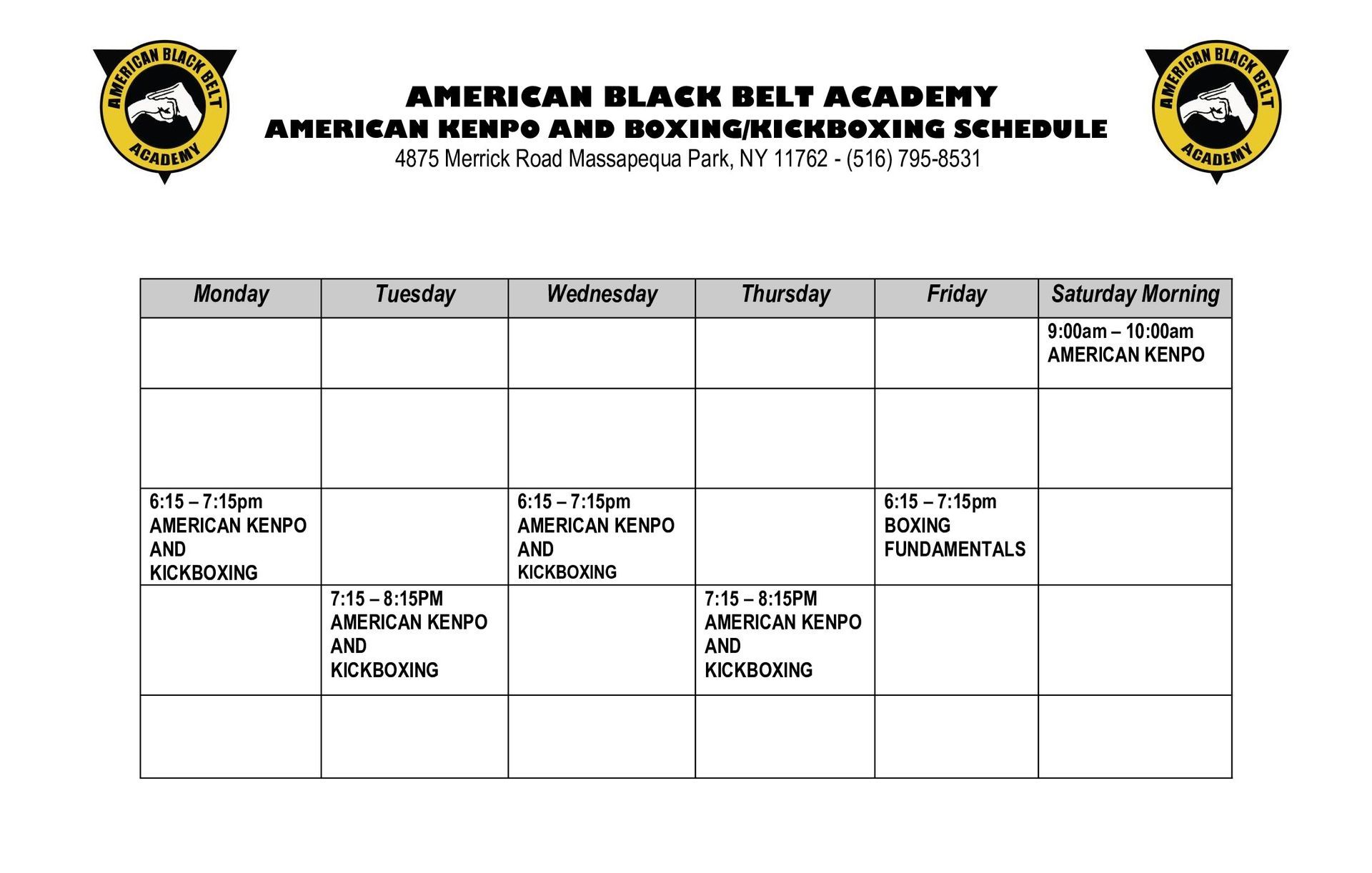 Adult Kenpo Karate and MMA Schedule in Massapequa Park, NY