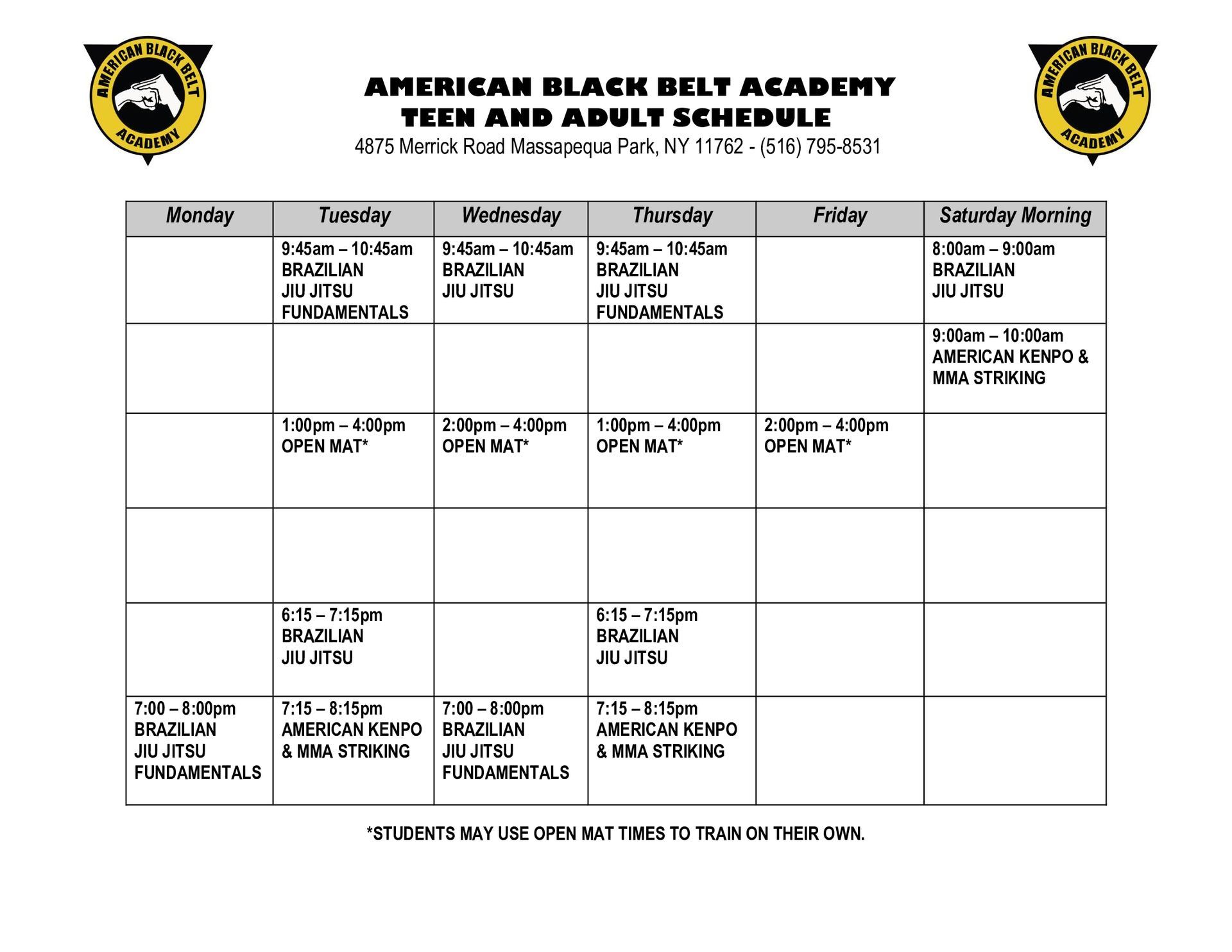 Adult Kenpo Karate and MMA Schedule in Massapequa Park, NY