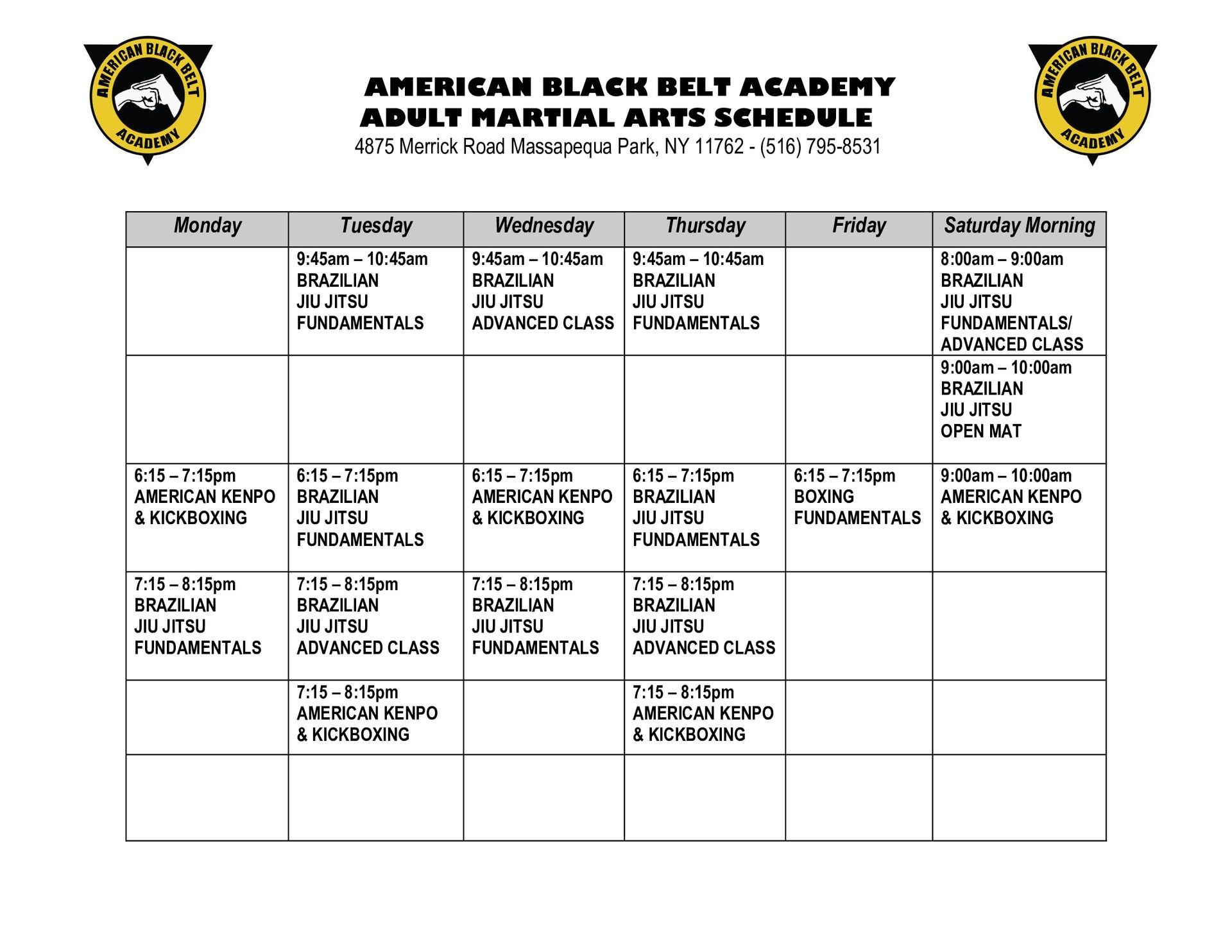 Adult Kenpo Karate and MMA Schedule in Massapequa Park, NY