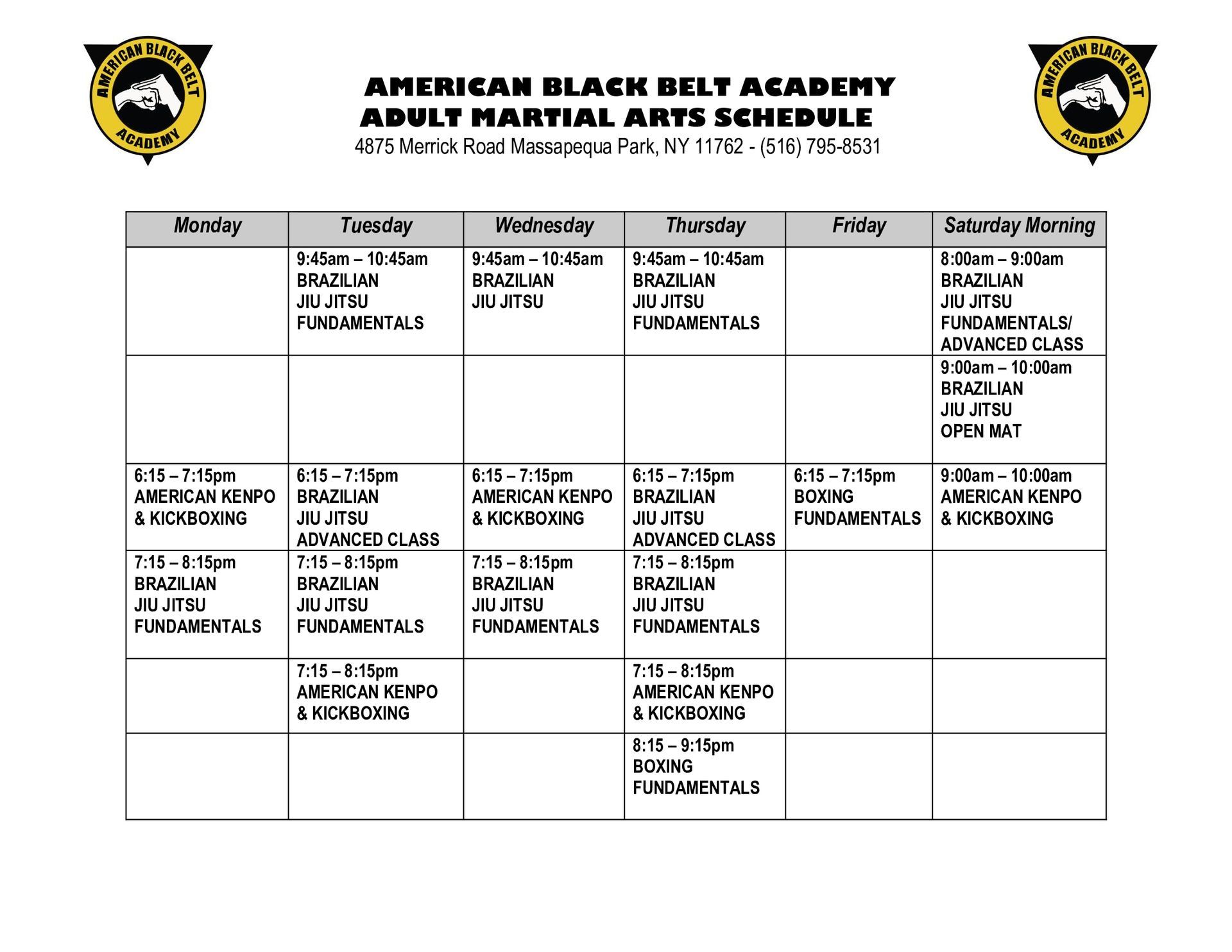 Adult Kenpo Karate and MMA Schedule in Massapequa Park, NY