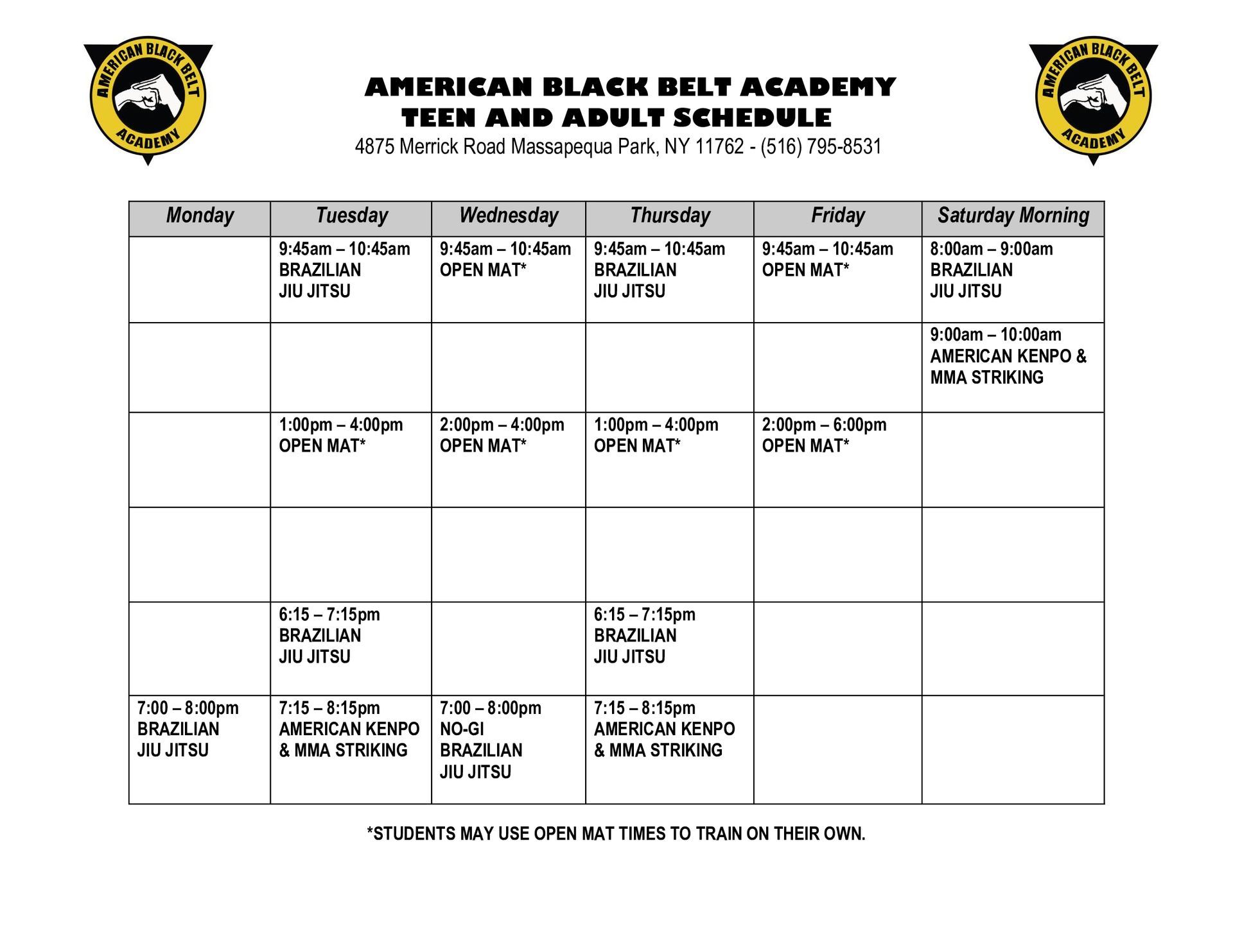 Adult Kenpo Karate and MMA Schedule in Massapequa Park, NY
