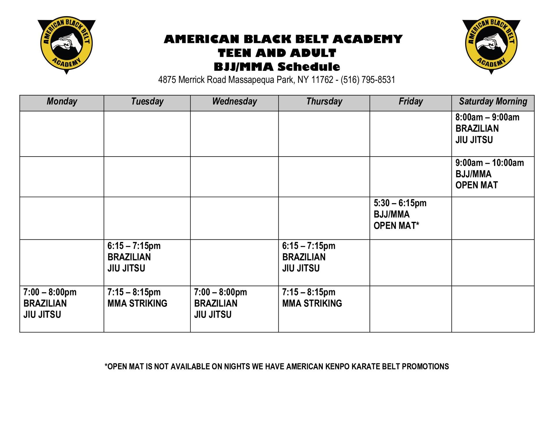 Adult Kenpo Karate and MMA Schedule in Massapequa Park, NY