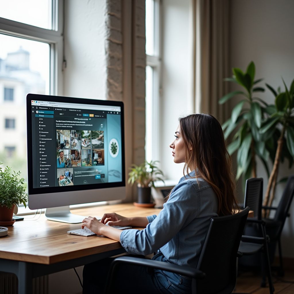 Woman at a desk in front of a computer, typing. A window with plants is behind her.
