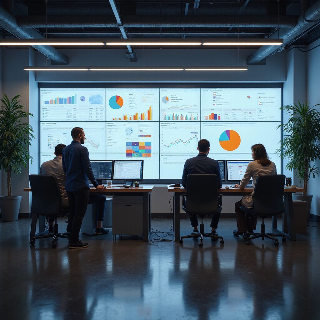 People in a tech-filled control room monitor data on large screens. Charts and graphs displayed; a team works together.