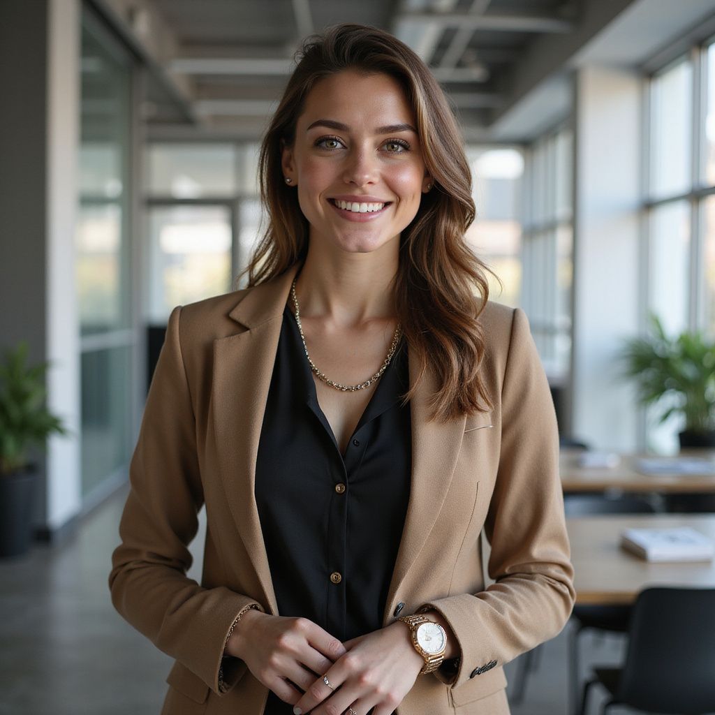 Woman in tan blazer, black shirt, smiling in an office.