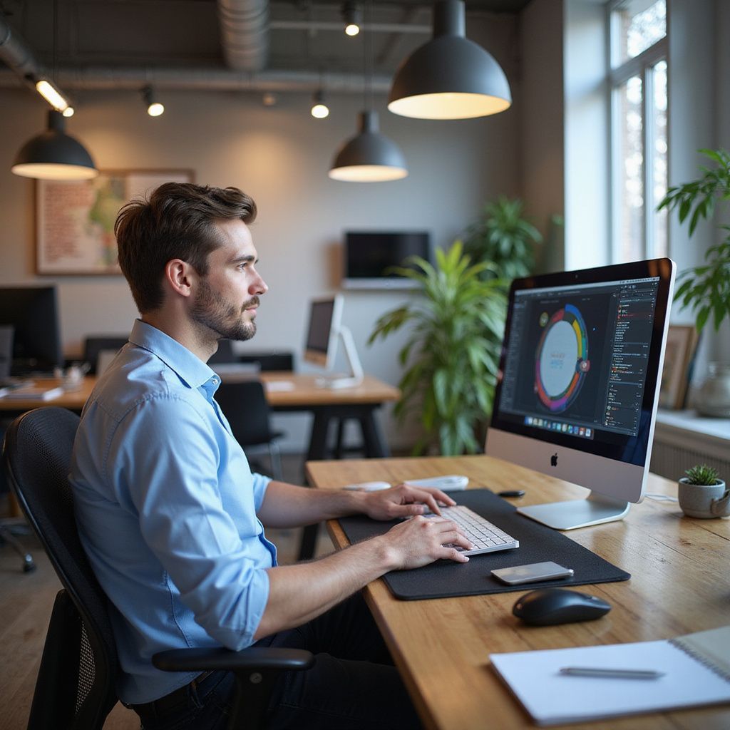 Man in blue shirt working on a computer at a desk in an office setting, looking at the screen.