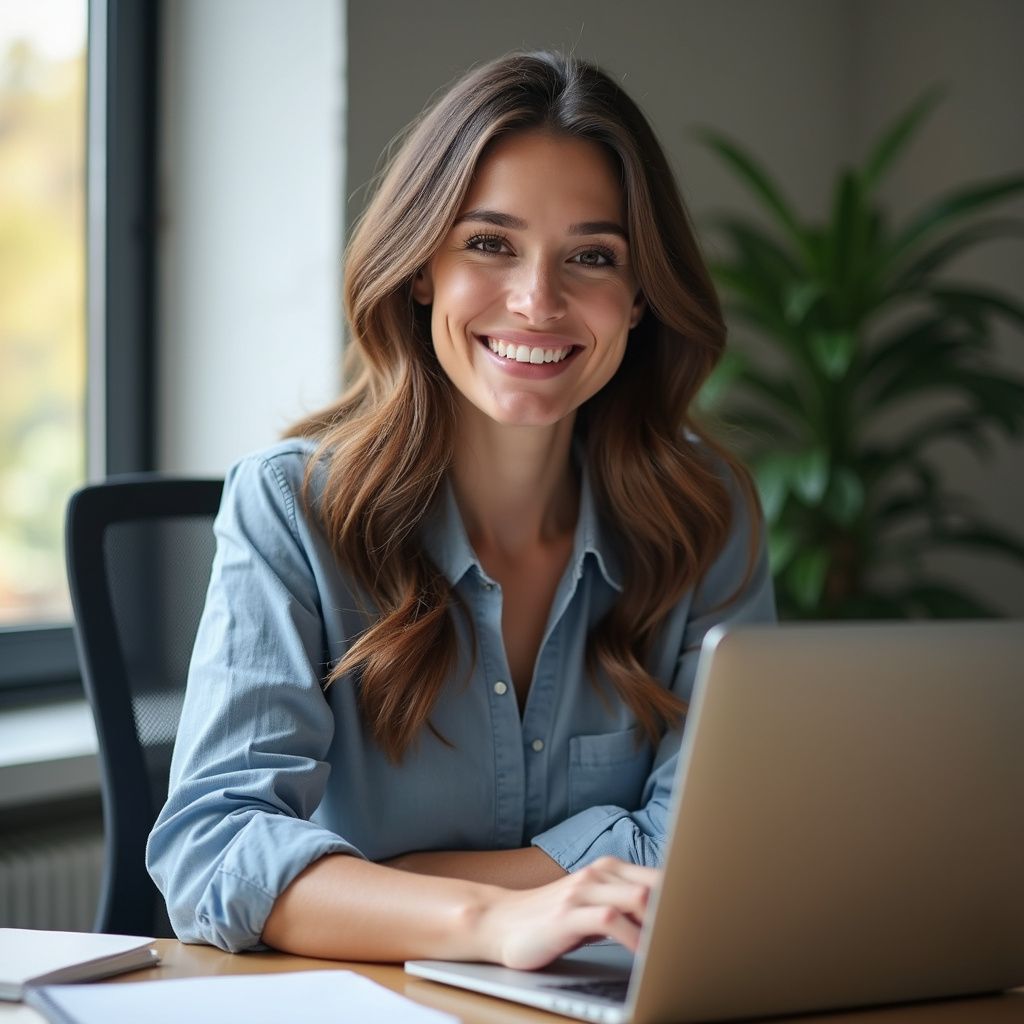 Woman with long brown hair smiles at her laptop in an office setting. She wears a blue shirt.