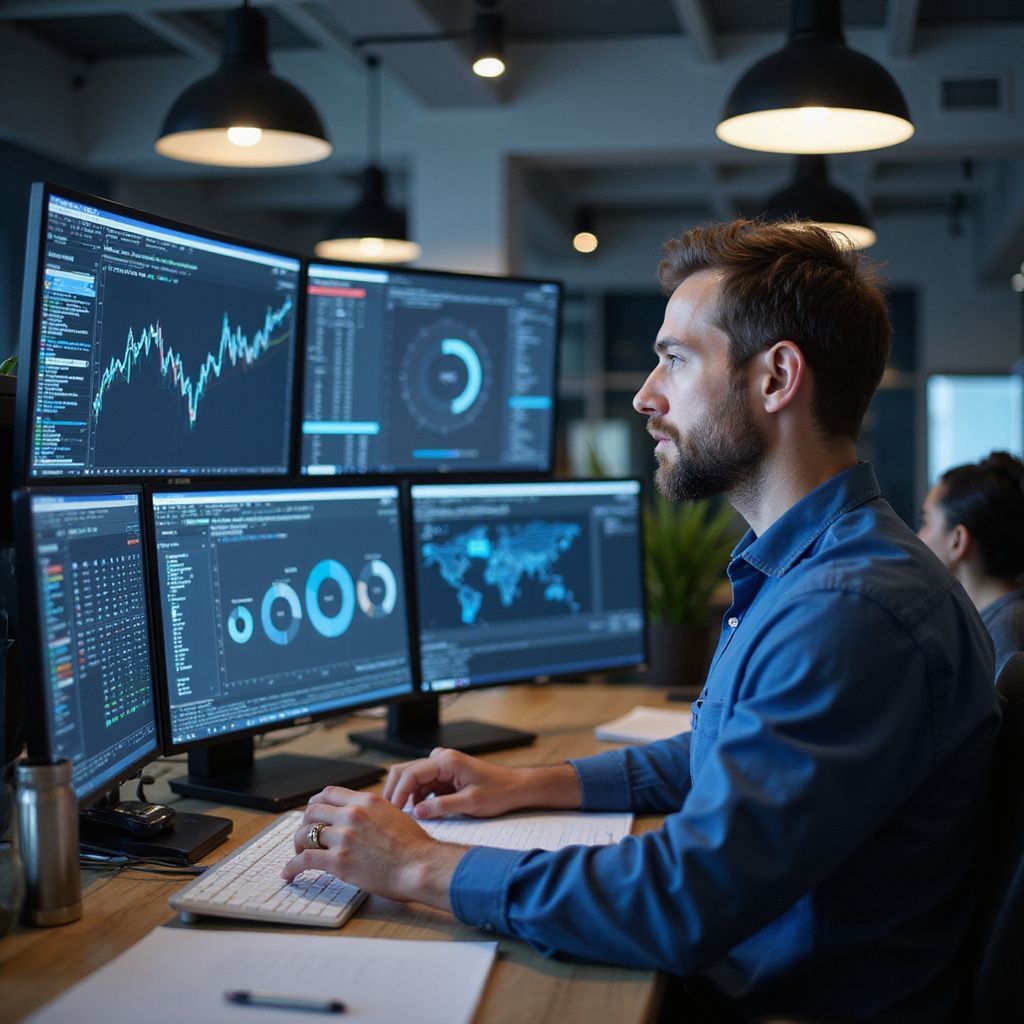 Man in blue shirt at desk with multiple computer monitors displaying data.