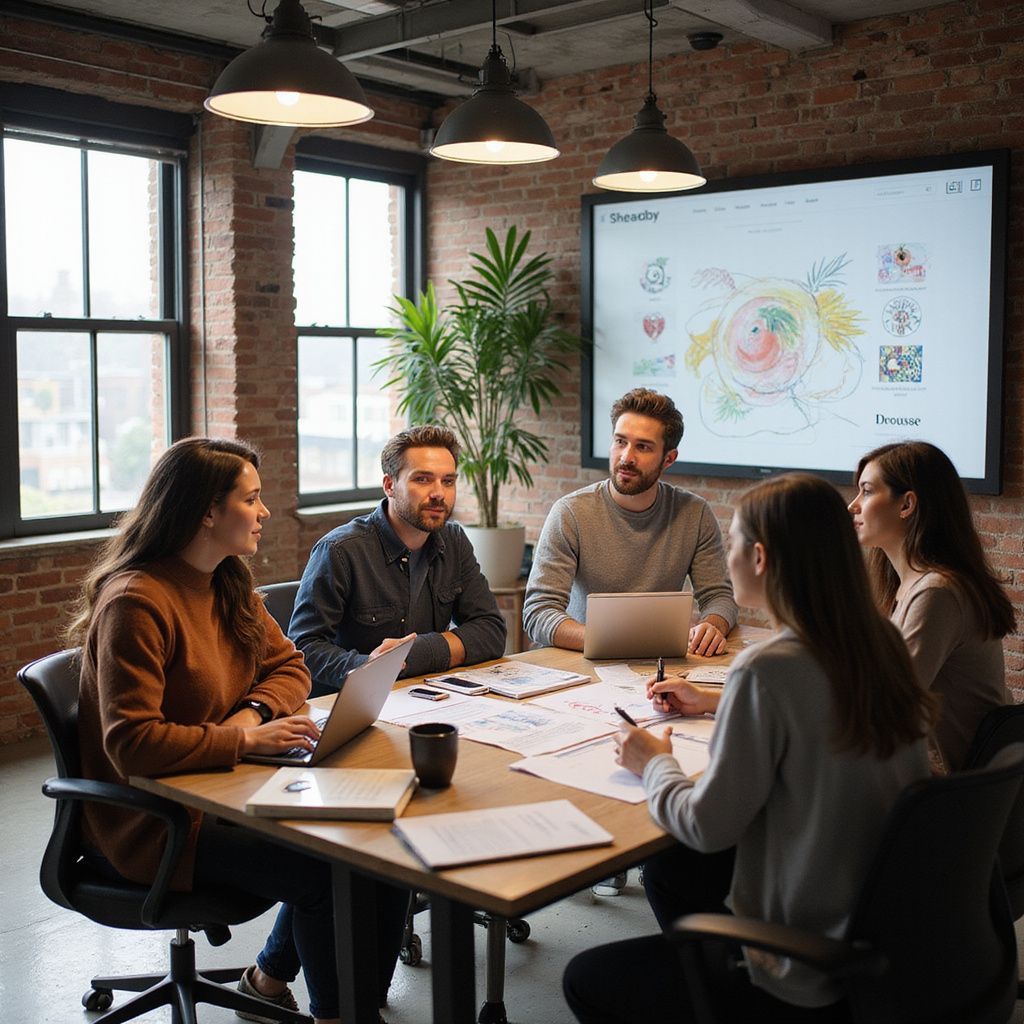A team of five people in a modern office meeting room, discussing ideas around a table.
