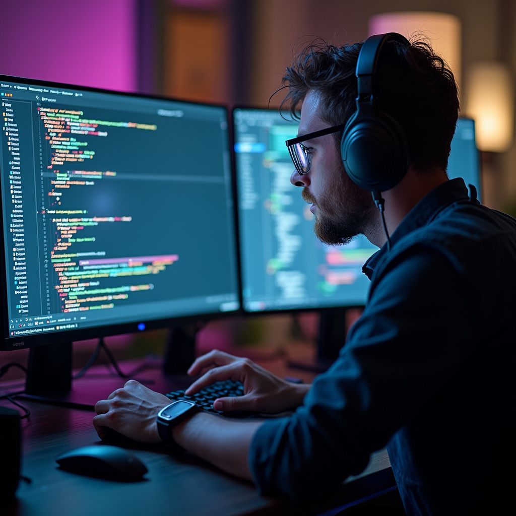 Man coding on dual monitors, wearing headphones and glasses. Lit by a purple glow.