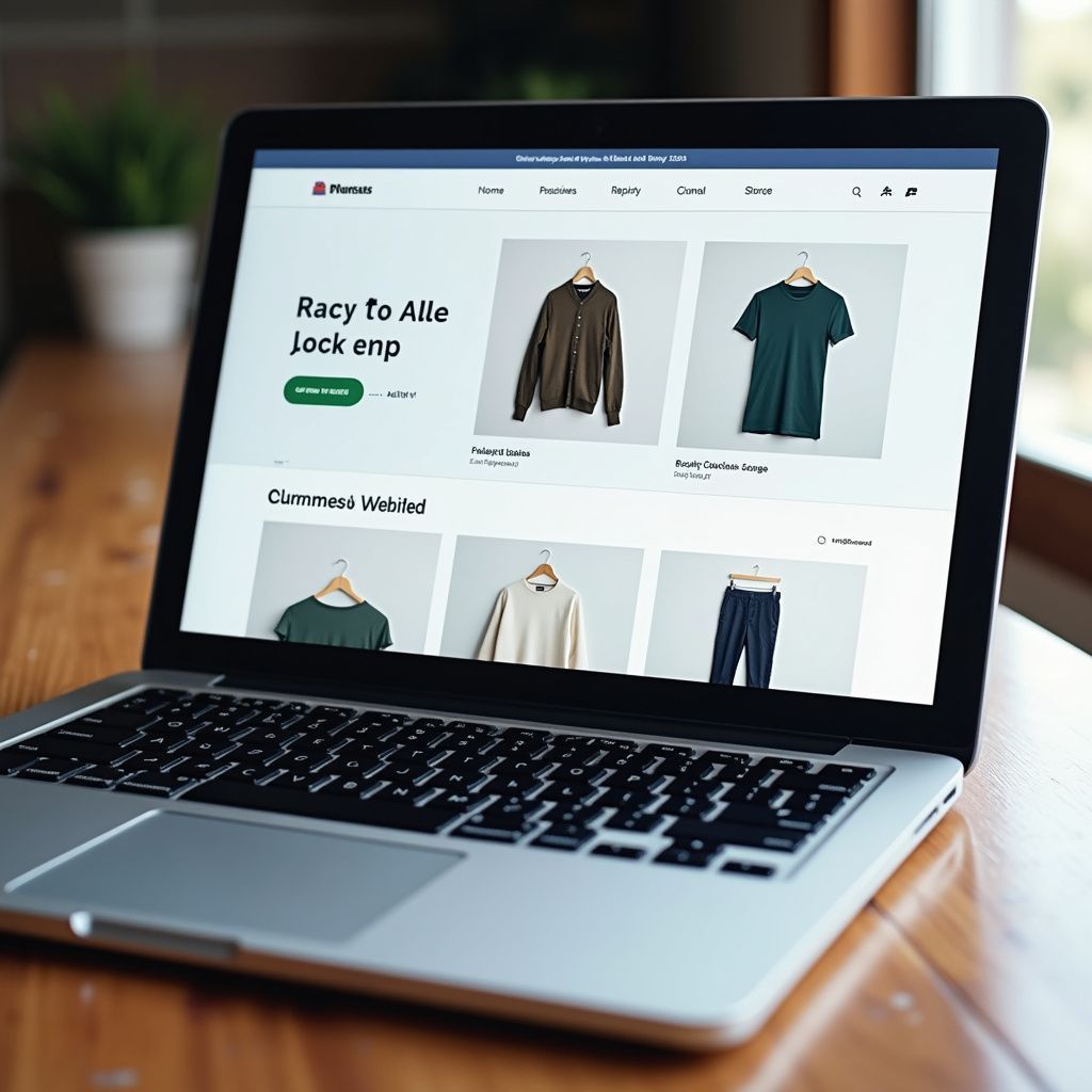 Laptop displaying an online clothing store; showcasing shirts, jackets, and pants on display.