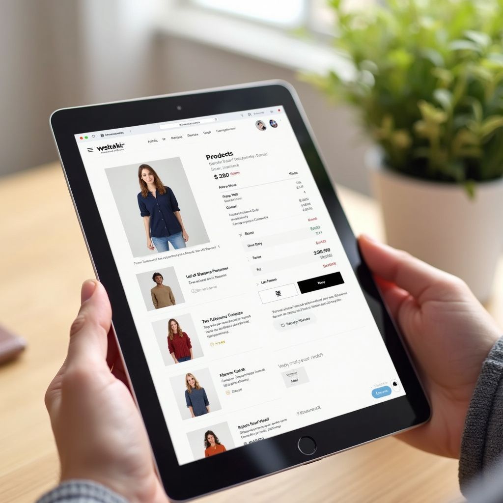 Person holding a tablet displaying an online clothing store, featuring a navy blue shirt and other options.