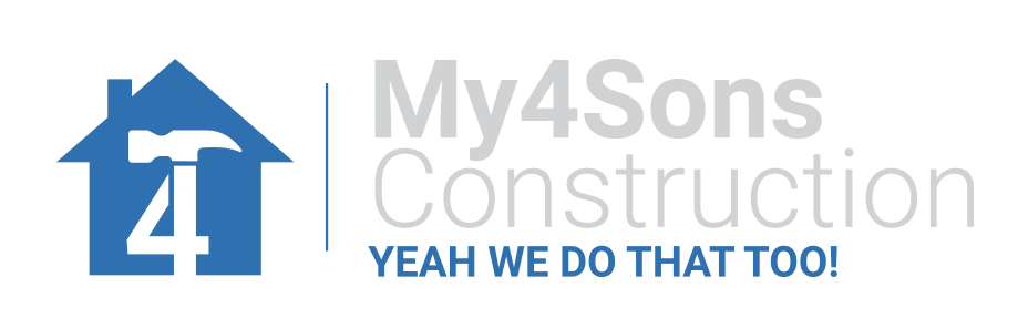 Logo for My4Sons Construction, featuring a blue house with a hammer, the number 4, and text.