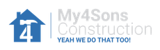 Logo for My4Sons Construction, featuring a blue house with a hammer, the number 4, and text.