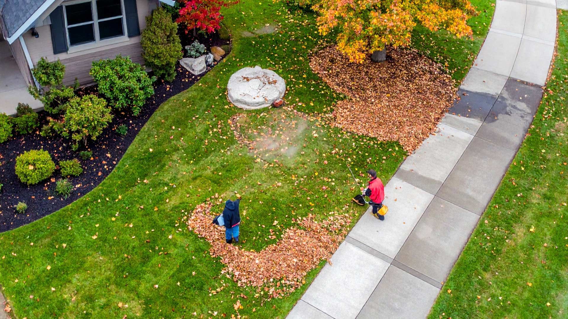 An aerial view of two people raking leaves in front of a house.