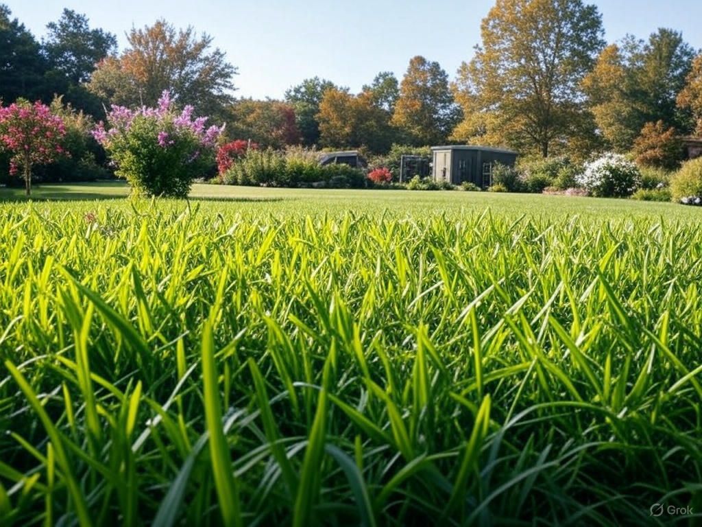 A lush green field of grass with trees in the background