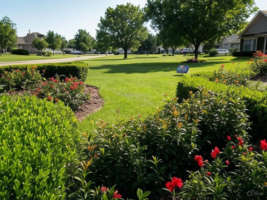 A lawn with flowers and bushes and a sign that says ' i love you '