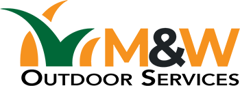 The logo for m & w outdoor services shows a lawn mower and the words `` m & w outdoor services ''.