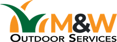 The logo for m & w outdoor services shows a lawn mower and the words `` m & w outdoor services ''.