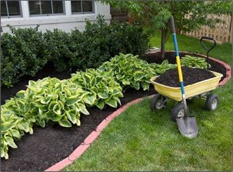 A wheelbarrow filled with dirt next to a shovel in a garden.