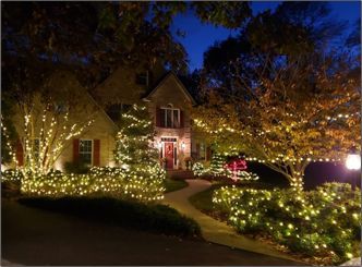 A house is decorated with christmas lights at night