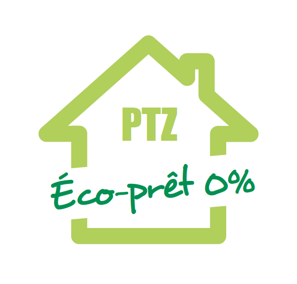 Une maison verte avec ptz eco-pret 0% écrit dessus