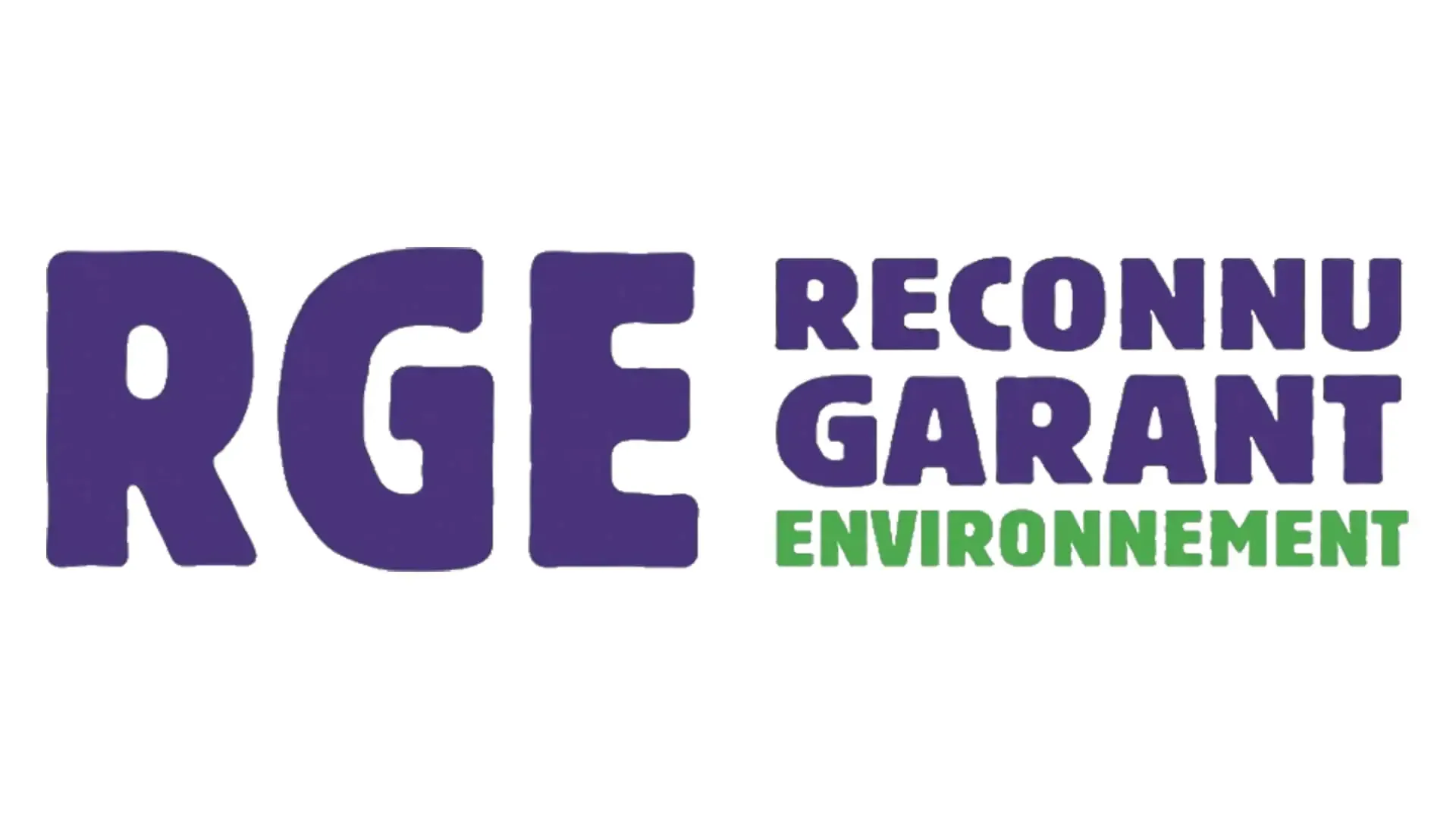 Le logo de rge reconnu garant environnement est violet et vert.